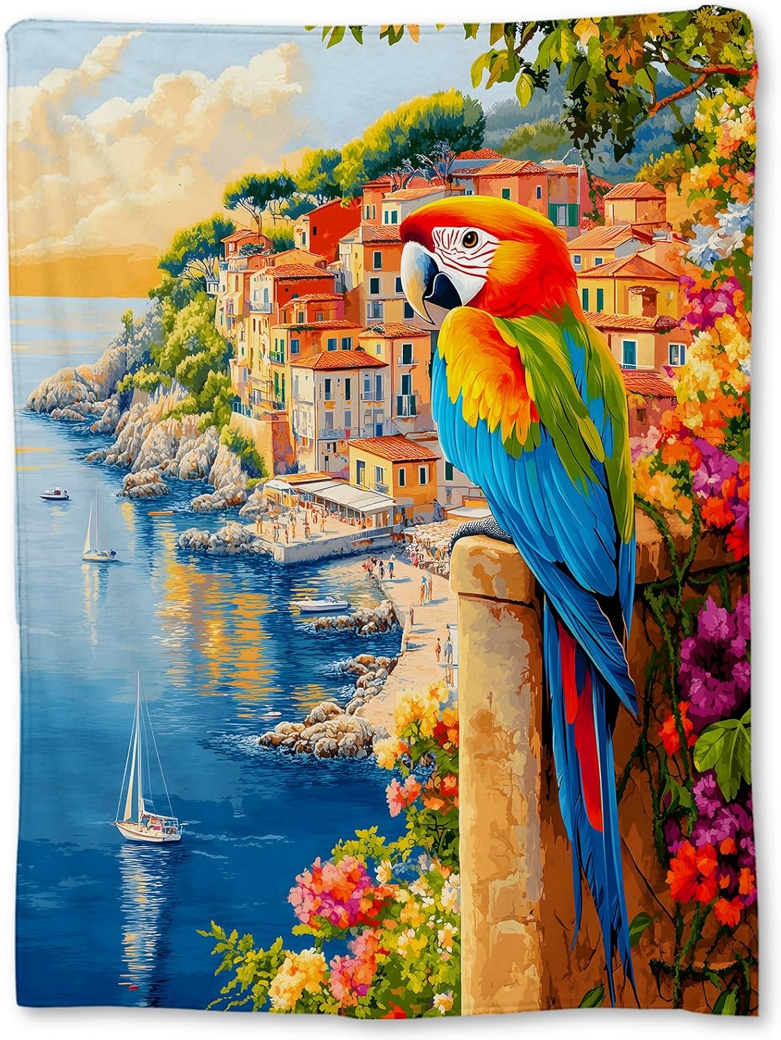 Parrot on The Seashore Blanket, Soft Cozy Flannel Throw Blanket for Adults Kids Men Women, Lightweight Warm Fuzzy Blankets for Couch, Travel, Bed & Home Decor 60×50 in