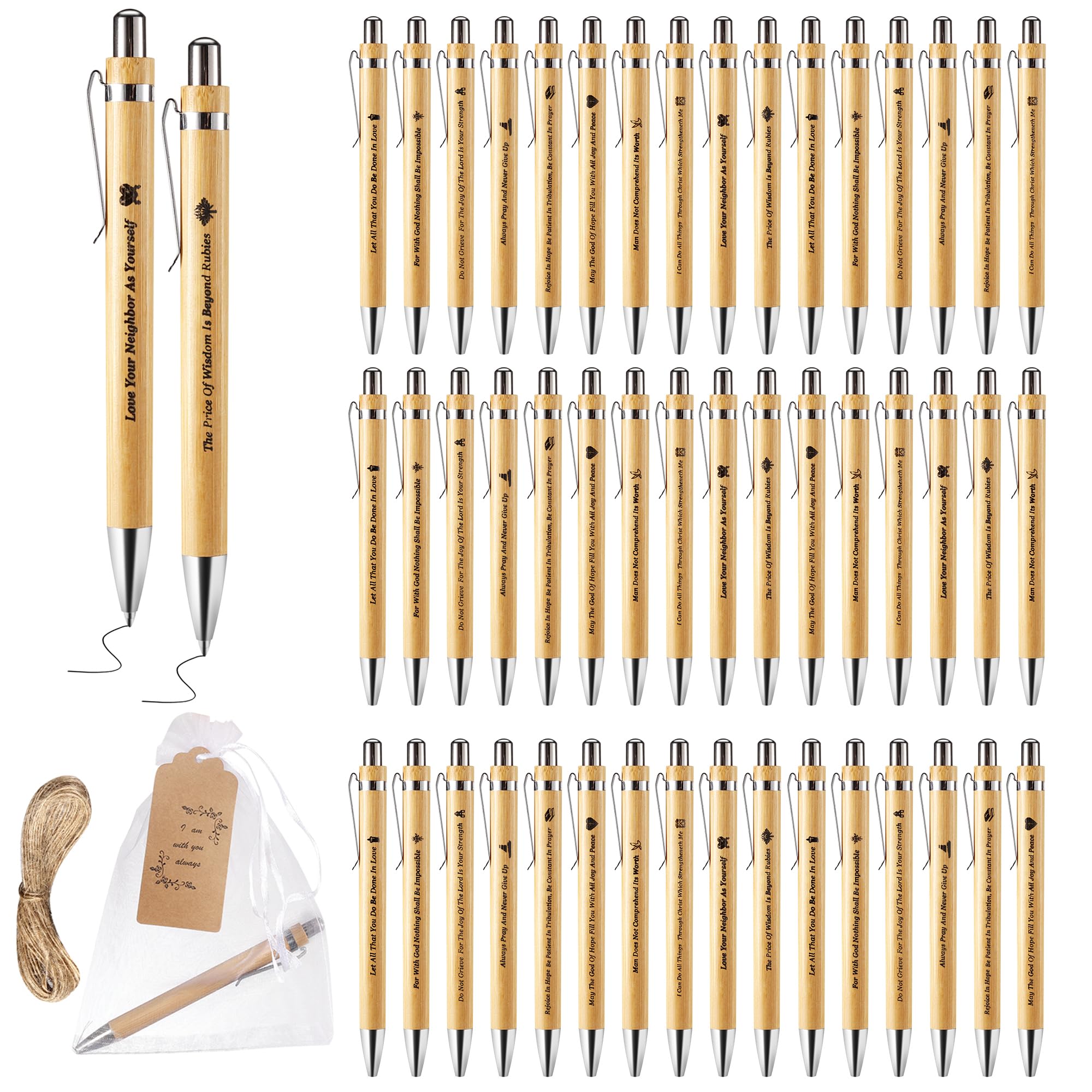 150 Pcs Christian Gifts Set Include 50 Bible Verse Retractable Bamboo Pens 50 Inspirational Tags 50 White Organza Bags for Men Women Office School Church Supplies