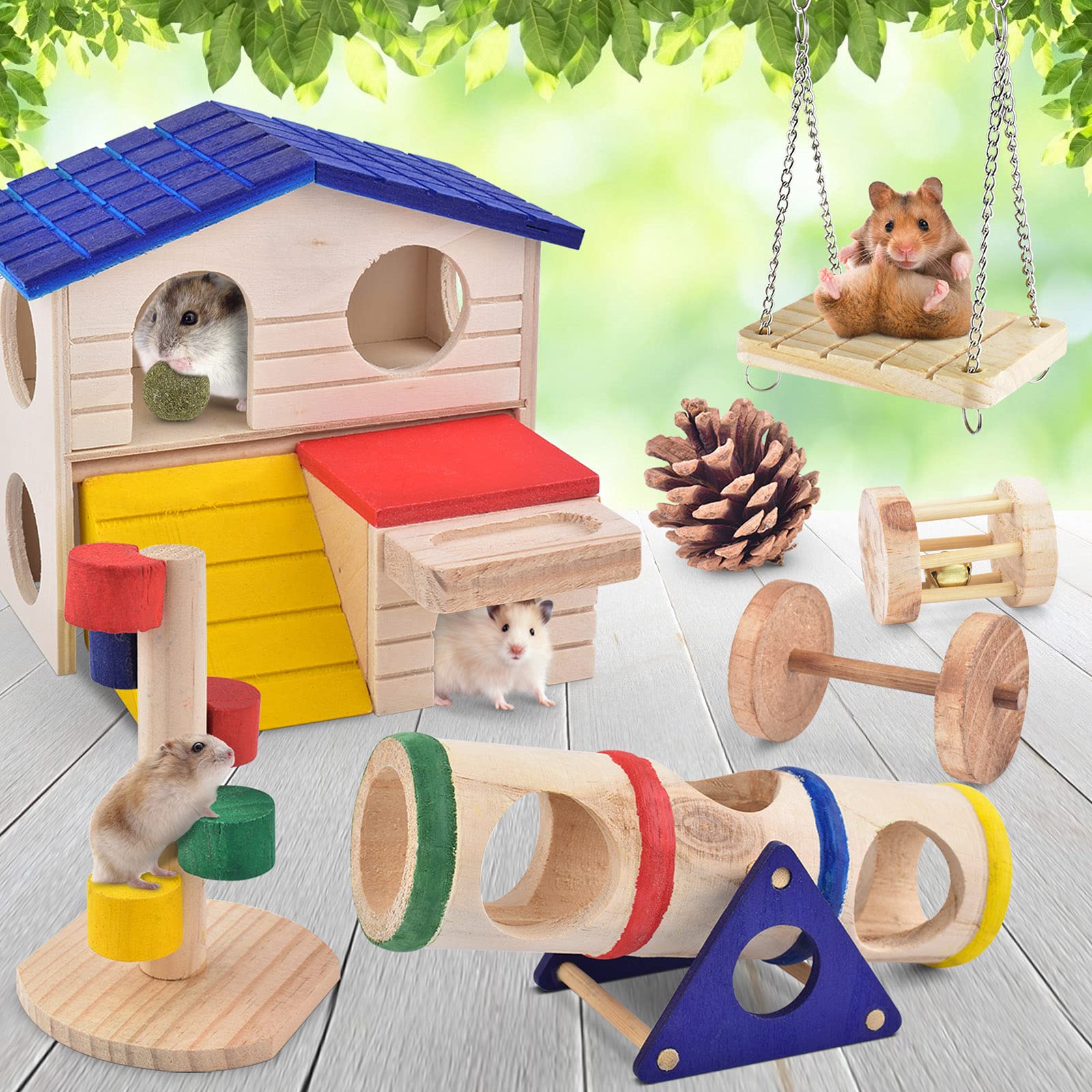 Image showcasing ERKOON Dwarf Hamster Hideout House Natural Wooden Gerbil Toys Molar ...