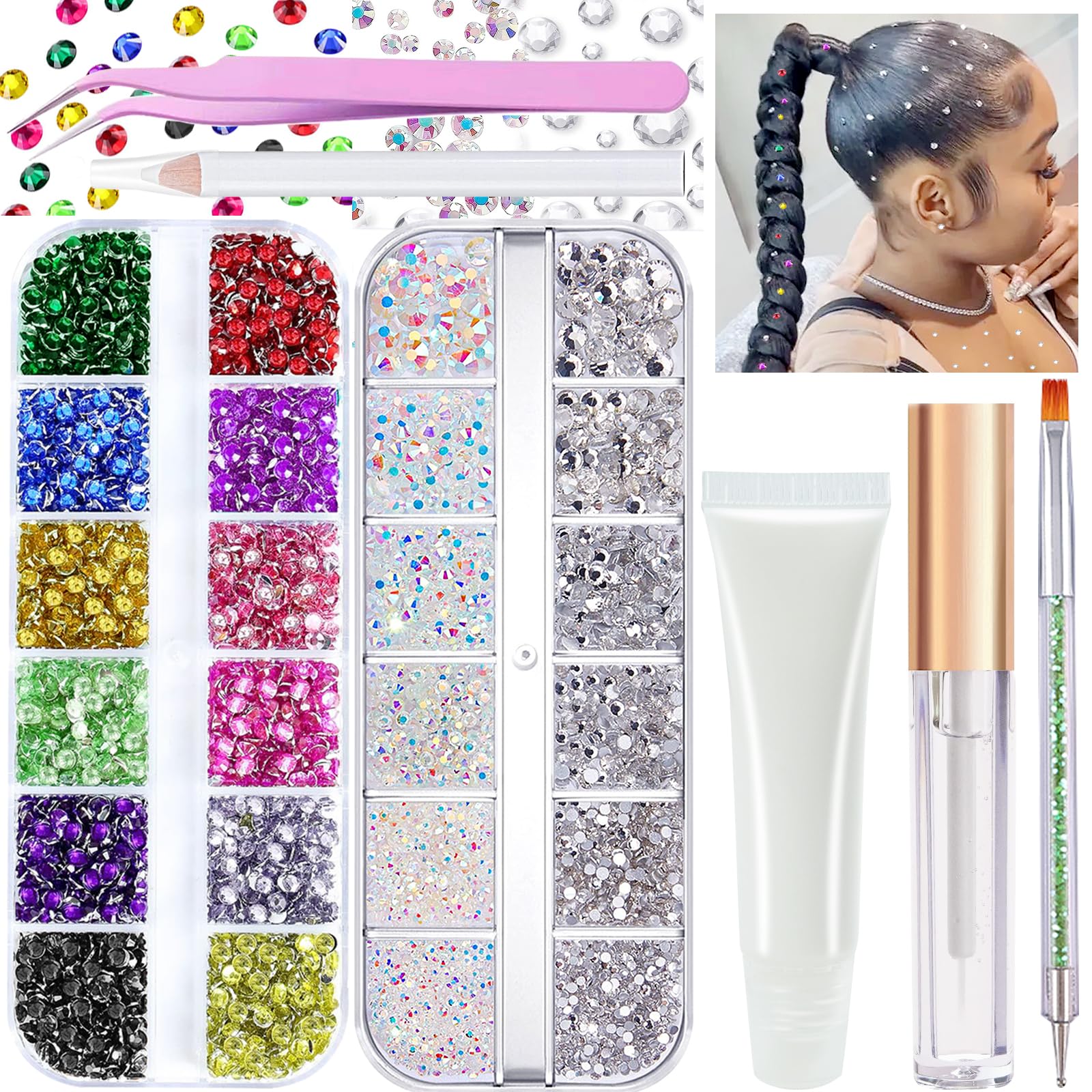 Hair Face Gems Kit with Makeup Glue, Colorful Face Jewels Transparent AB Face Rhinestones, Picker Pencil Tweezer and Brush for Face Eye Hair Body Makeup