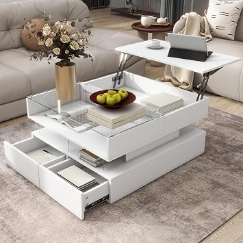 Lift-Top Coffee Table with 2 Drawers, Modern Square Coffee Table with Glass Top and High-Gloss Finish, Hidden Space and LED Lights