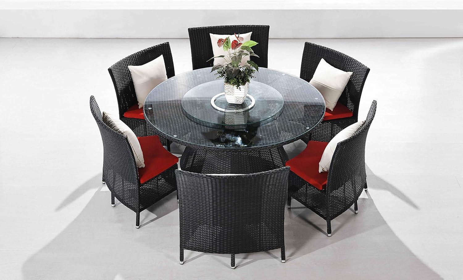 Manhattan Comfort Nightingdale 7 Piece Outdoor Dining Set with Round Glass Lazy Susan | Includes 6 Rattan Chairs, Water-Repellent Cushions and Toss Pillows, Patio Furniture, Black/Red/White