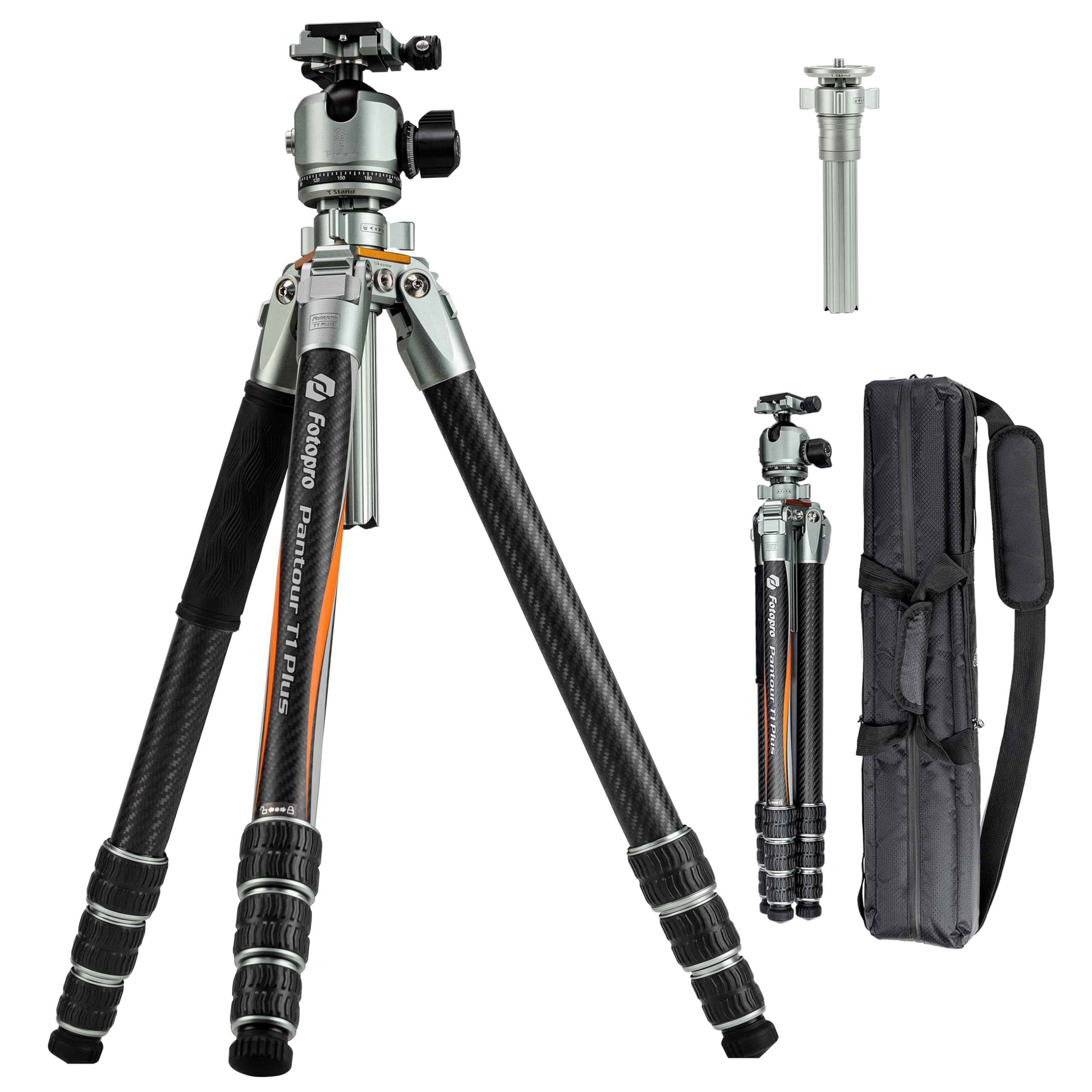Fotopro Travel Camera Tripod, 65 Inch Lightweight Carbon Fiber Tripod with Mini Stand, 44mm Low Profile Ball Head for DSLR Video Camcorder, 20kg/44lbs Load, Waterproof & All Terrain, T1 Plus T-Stand