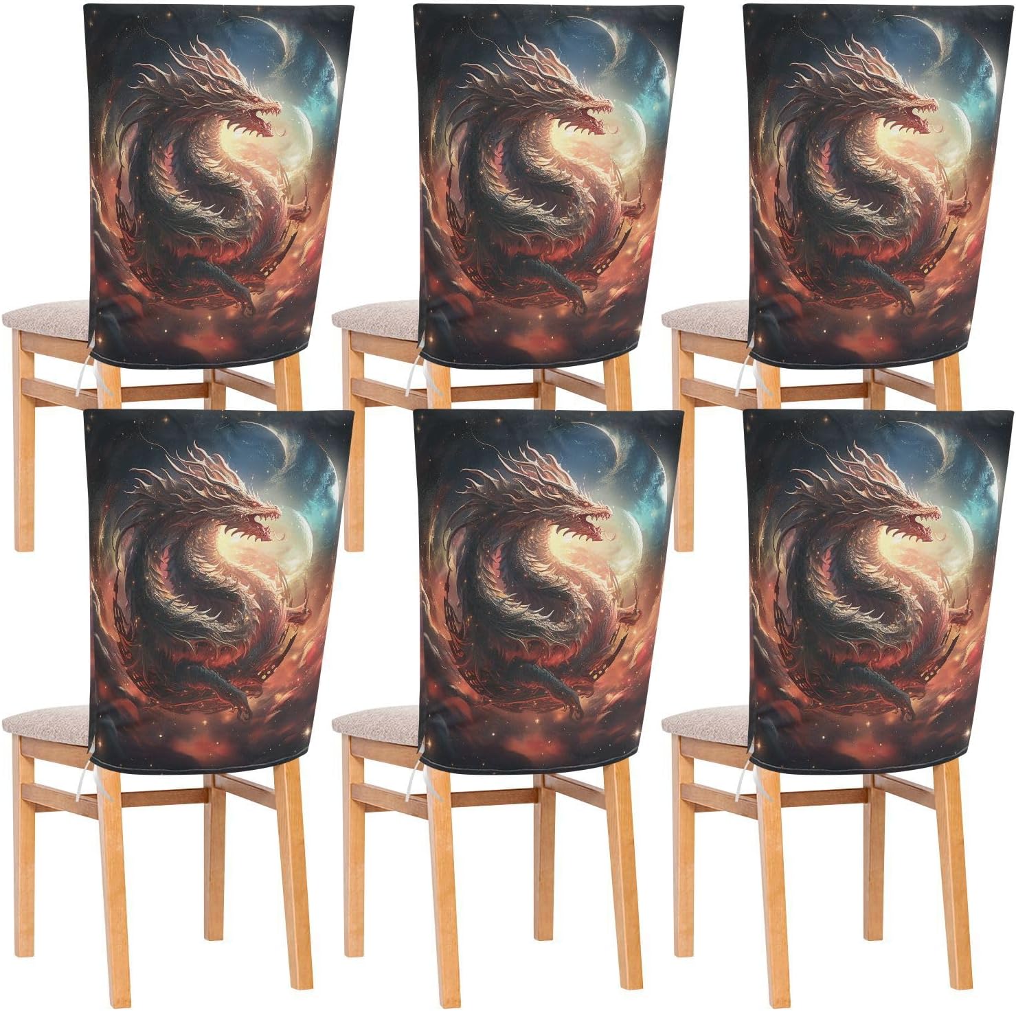 ALAZA Dragon and Galaxy Chair Back Cover Set of 6, Washable Reusable Removable Chair Slipcovers Decorative Chair Cover for Home Kitchen Wedding Party