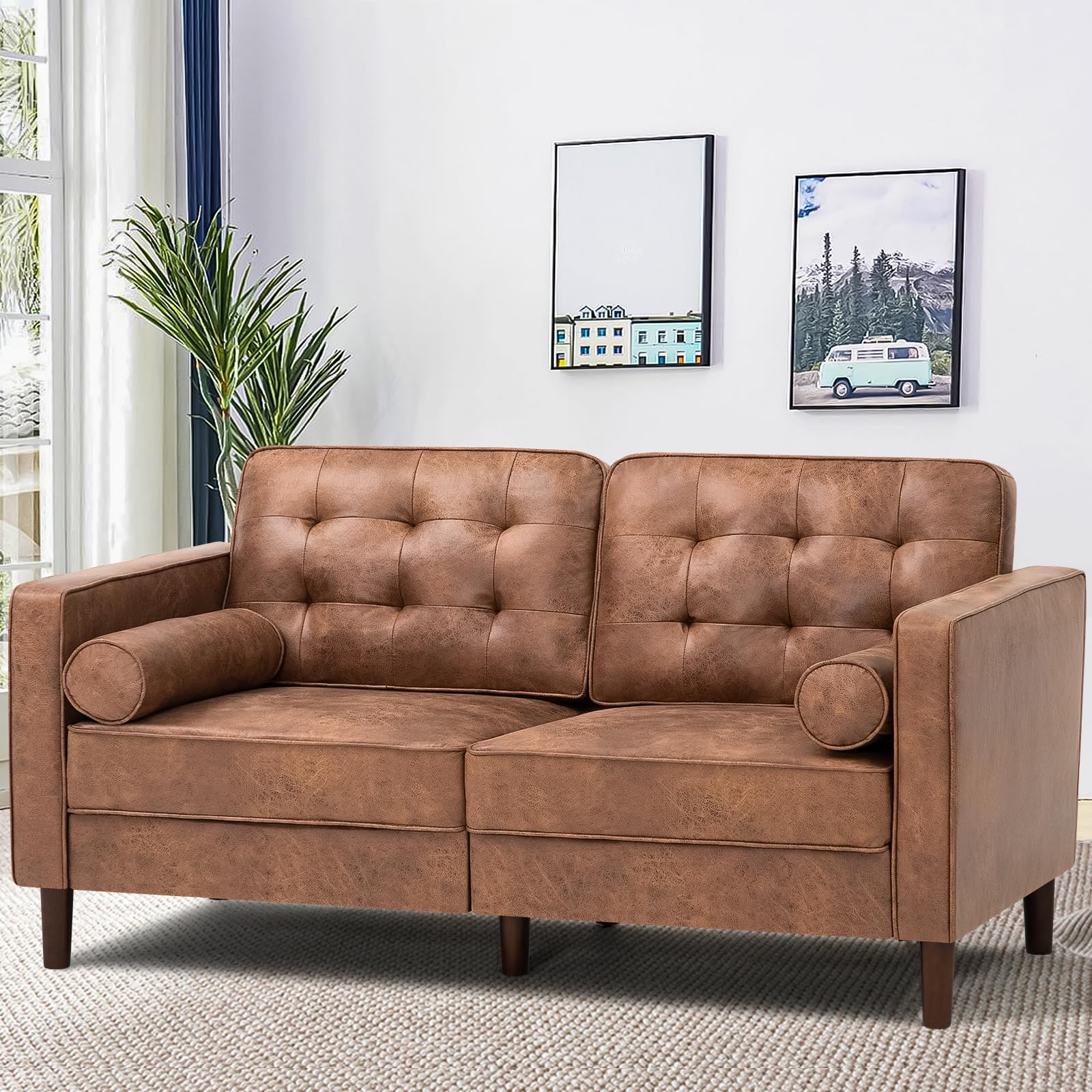Lesofair 67" Suede Leather 2-seat Sofa with Two Bolster Pillows, Tufted Loveseat with Wooden Legs, Morden Sofa Suitable for Living Room, Office, Brown