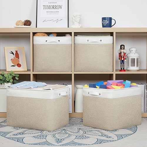 Miniatura 2 de Bidtakay Cestas grandes para estantes, contenedores de lona para organización del hogar paquete de 4 cestas de tela beige para armario, pasillo,