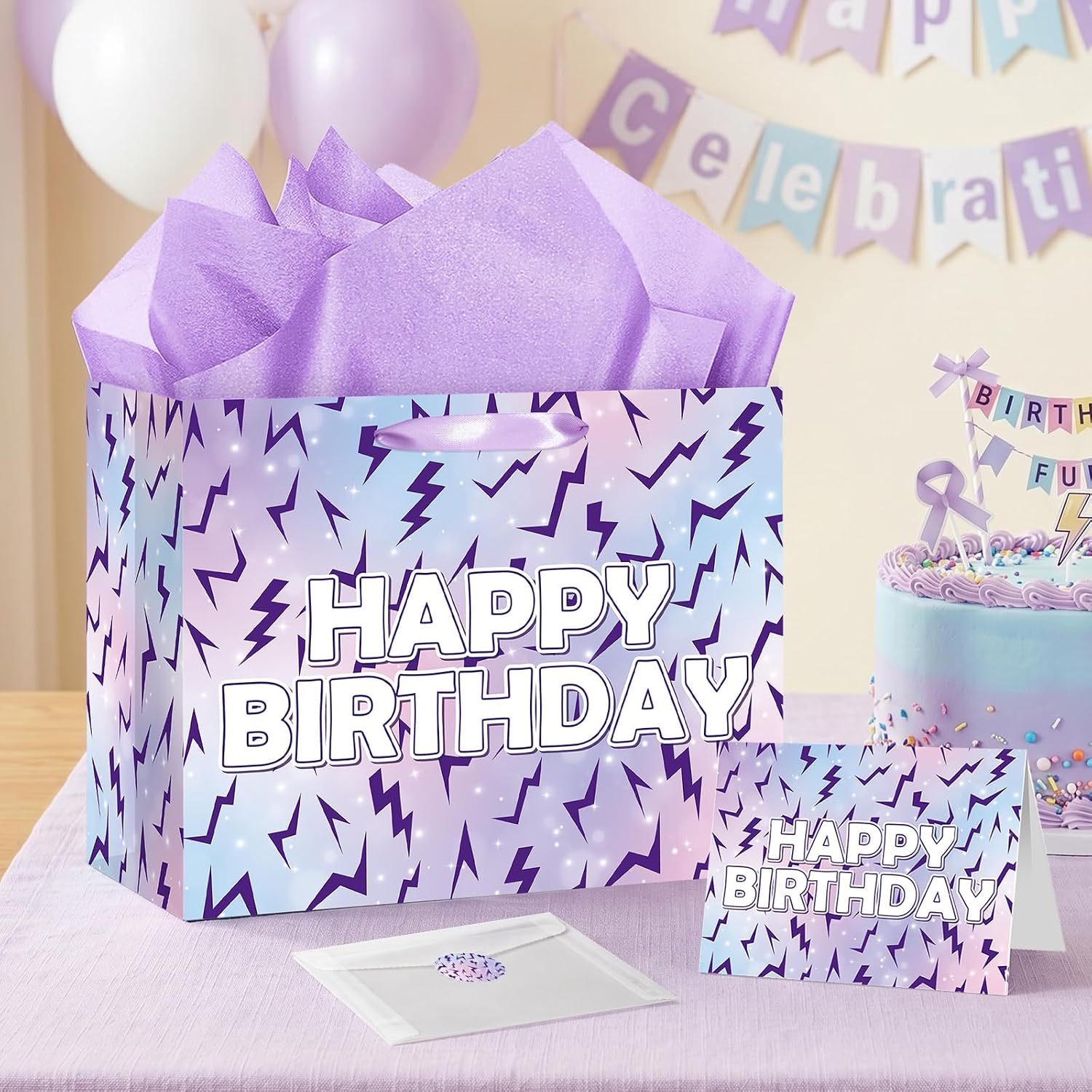 Joviwrap Kpop Happy Birthday Gift Bag with Tissue Paper, Card, Envelope, Sticker, Purple Lightning Gradient Wrapping Bag, Cool Stylish Gift Bag for Birthday Party, Teens, 11.8"×9.4"×5.3" image 4