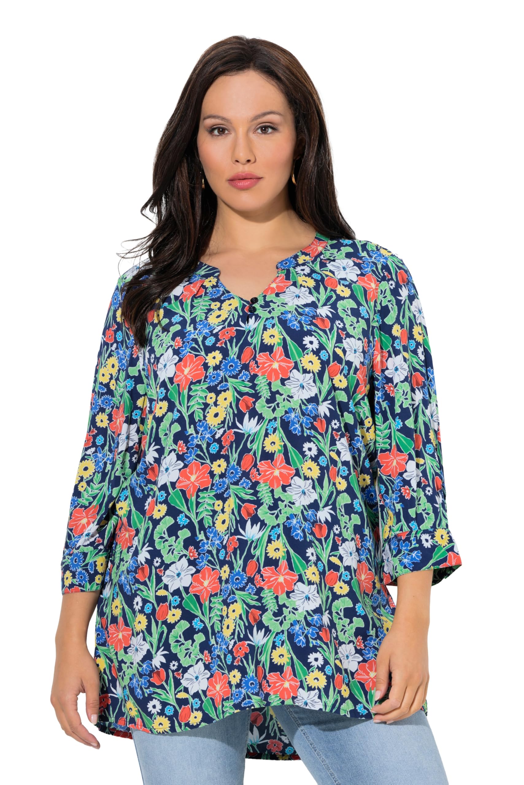 Ulla Popken Damen große Größen Übergrößen Plus Size Tunika, Muster, Tunika-Ausschnitt, 3/4-Arm 848051