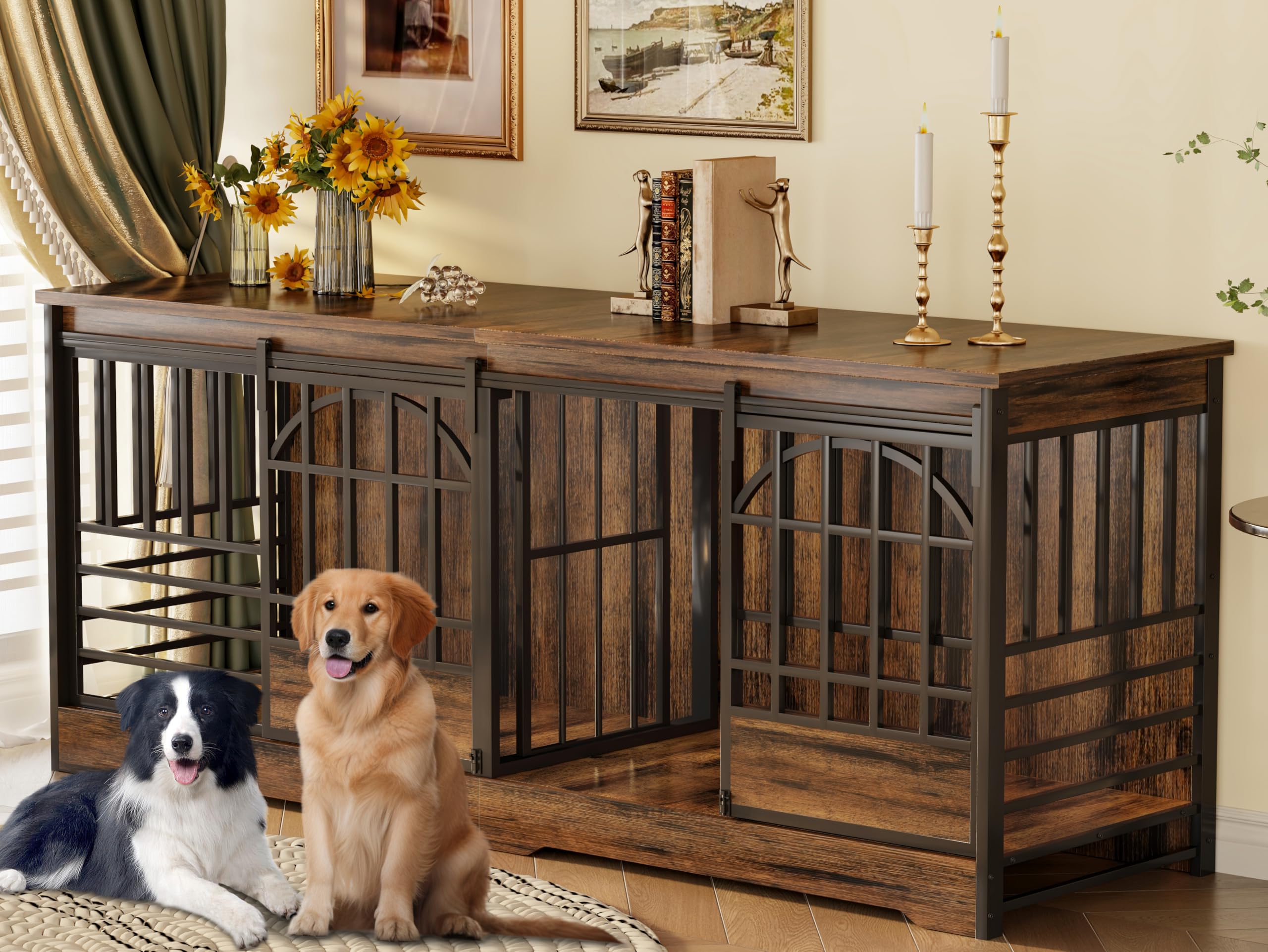 78 Inch Double Dog Crate Furniture, Extra Large Dog Kennel Indoor with Divider, Heavy Duty Dog Cage for 2 Dogs, Decorative Wooden Dog House Decorative