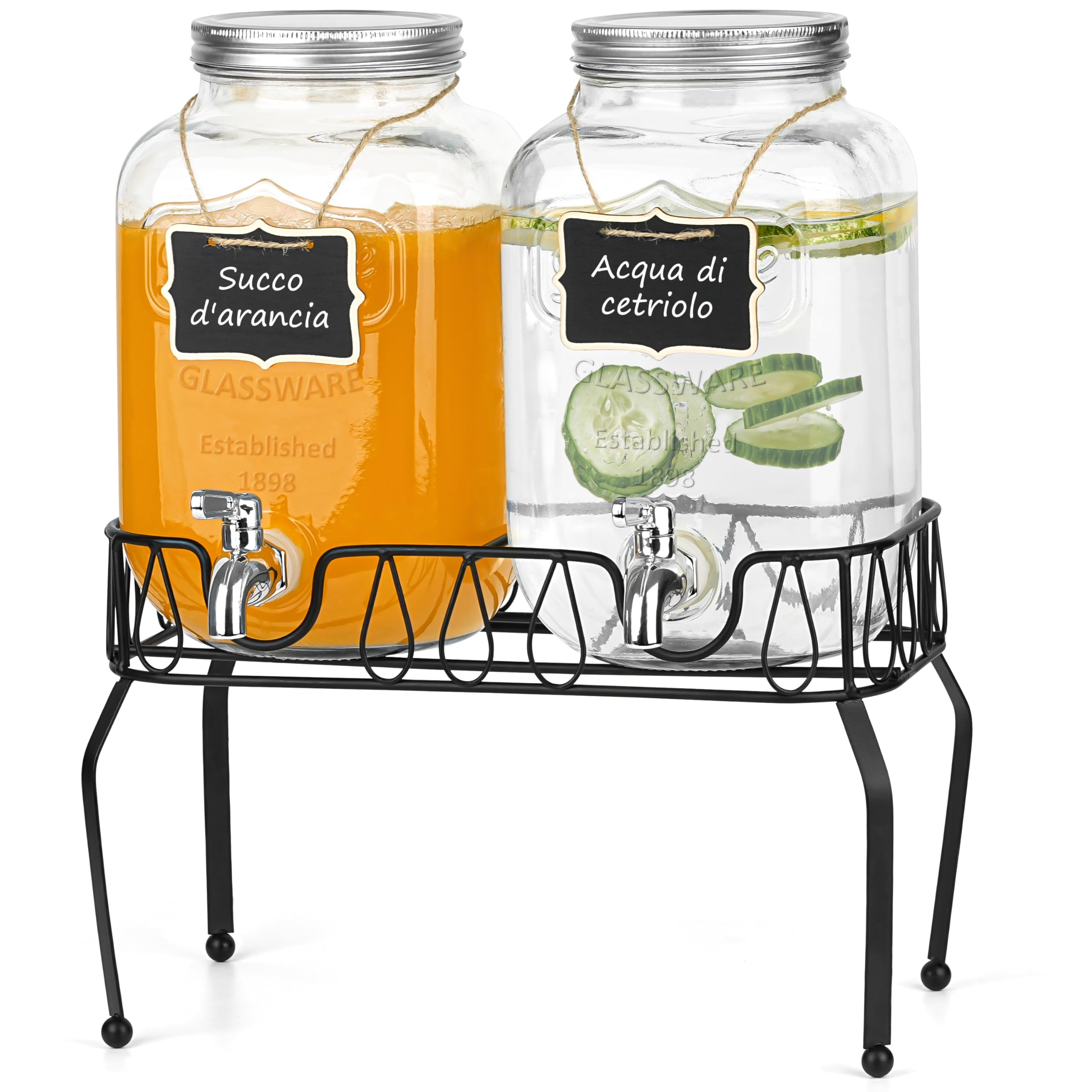 Winter Shore Distributore Bevande in Vetro da 3,8L con Supporto [Set da 2] - Dispenser Bevande in Materiali Alimentari e Senza BPA per Succo, Tè - 2 Dispenser con Rubinetto e 2 Etichette in Legno