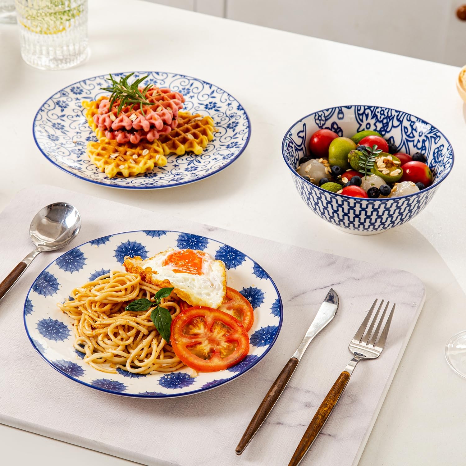 12 Pcs Ceramic Dinnerware - 4.7 Inch Spoon Rest and 8.5 Inch Salad Plates Set - Service for 6 - Vintage Blue