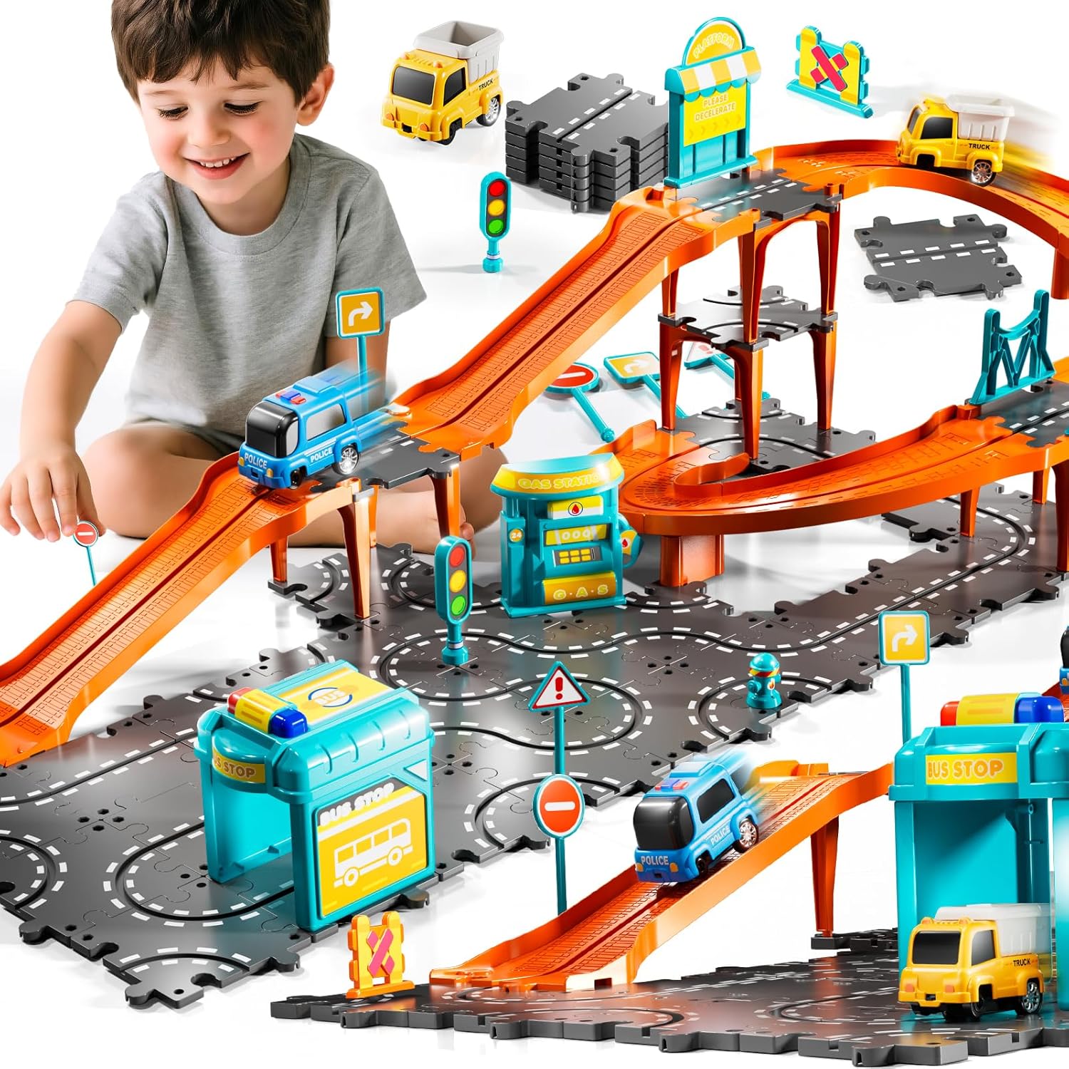 Puzzle Racer Kids Car Track Set, 4-Tier Race Tracks for Kids Ages 3-5 with 3 Cars, Traffic Parts, Trucks for Toddlers 2-4 Years, Floor Puzzle Tracks Car Gift for Boys Girls 3 4 5 Year Old