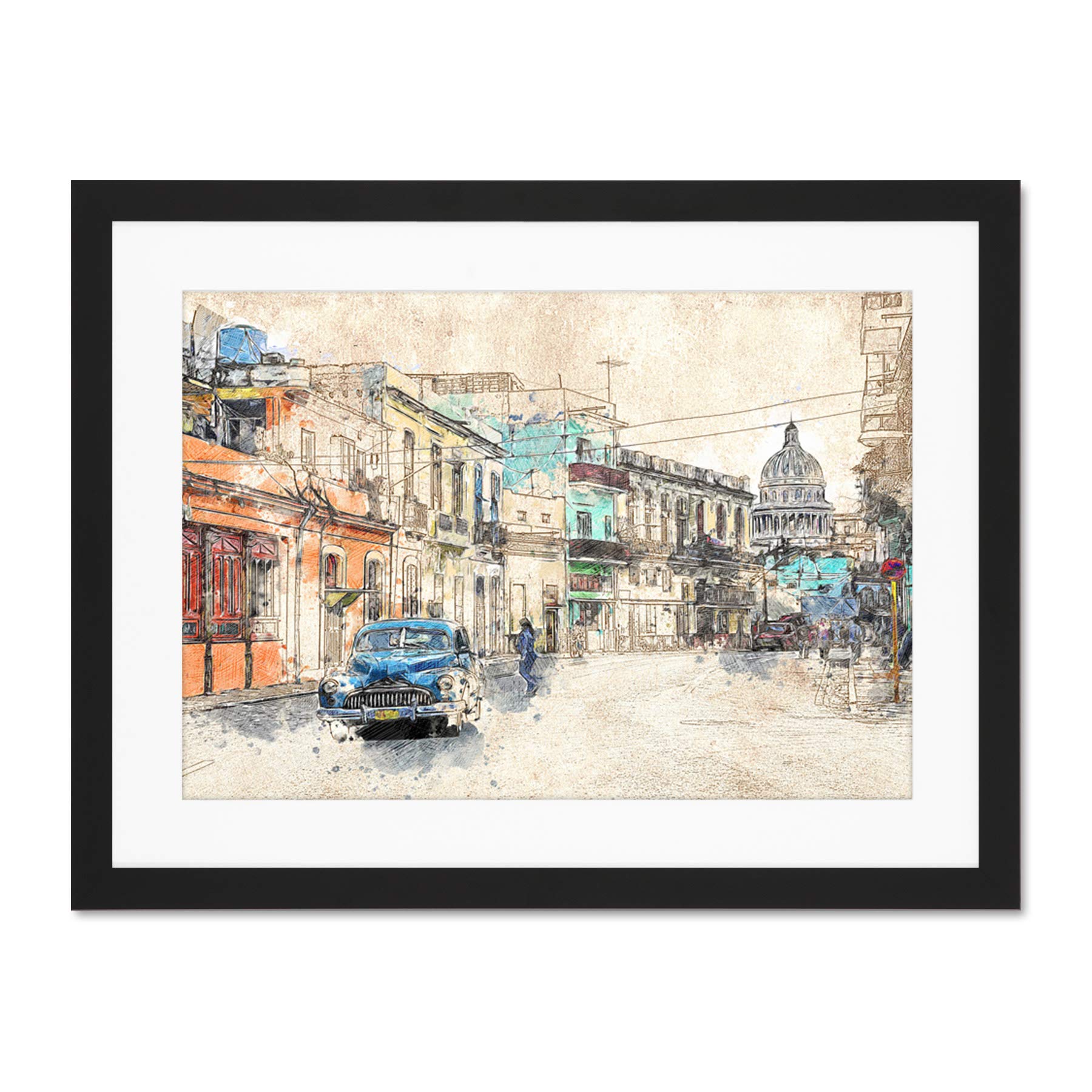 Havana Cuba Street Painting Sketch Large Art Print Poster Wall Decor 18x24 inch Supplied Ready To Hang With Included Mount Brackets