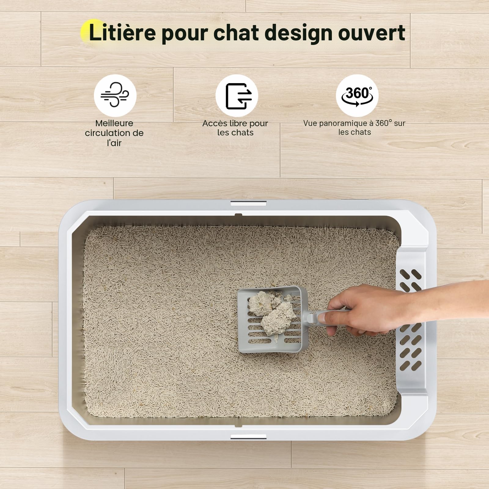 MIXJOY Bac à Litière Chat en INOX XL, Bac Litiere pour Chat 28L Grande Capacité Anti-Fuite à Bords Hauts, Design Ouvert Facile à Nettoyer avec Pelle Incluse, 56.5x36.5x25.5cm