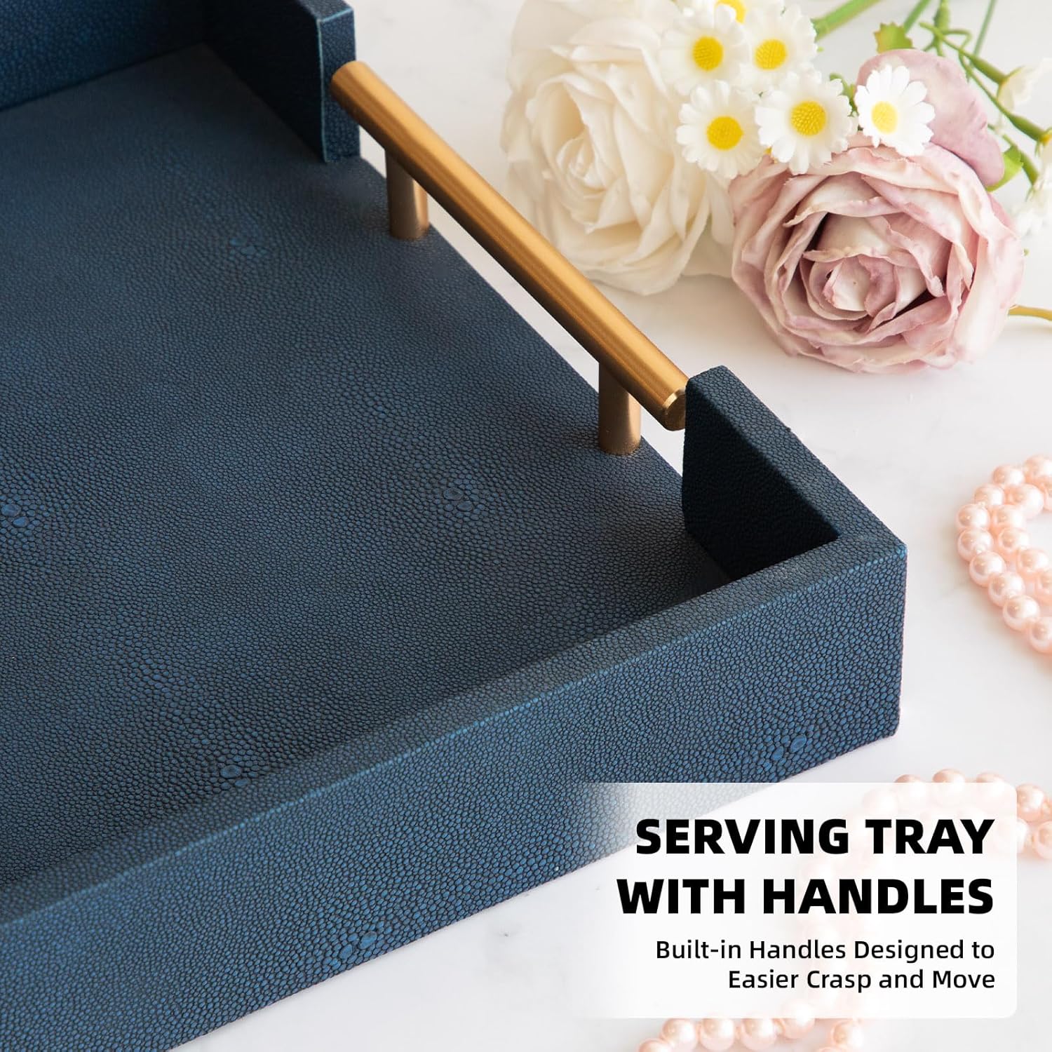 Modern Decorative Tray Set of 2, Blue Shagreen Leather Tray, Rectangle Serving Trays with Gold Polished Metal Handles, Ottoman Trays Coffee Table Perfume Kitchen Home Decor