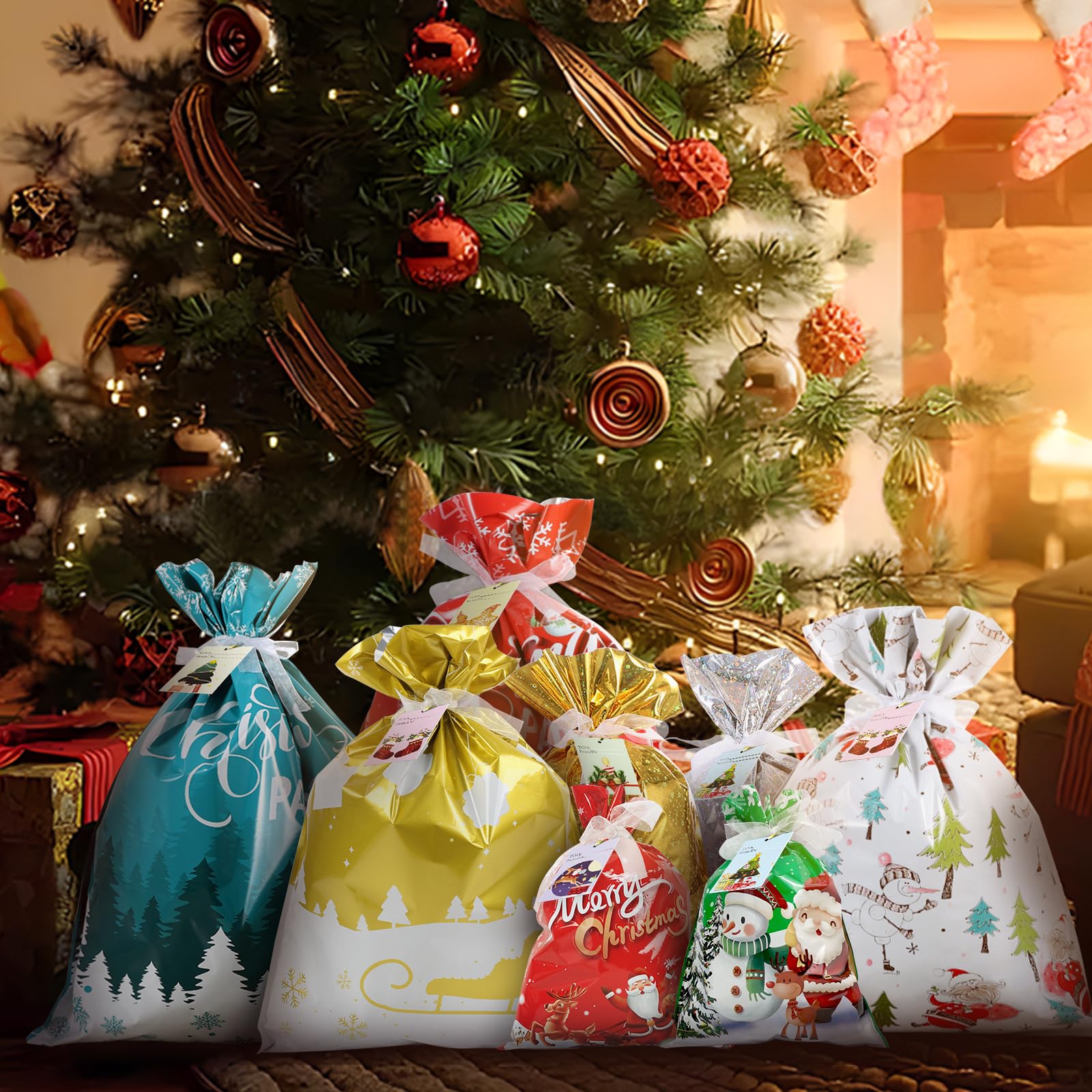 20 Sacchetti Regalo Di Natale In Alluminio - 4 Dimensioni Con Etichette E Nastri - Motivi Natalizi (Babbo Natale, Renne, Pupazzo Di Neve)