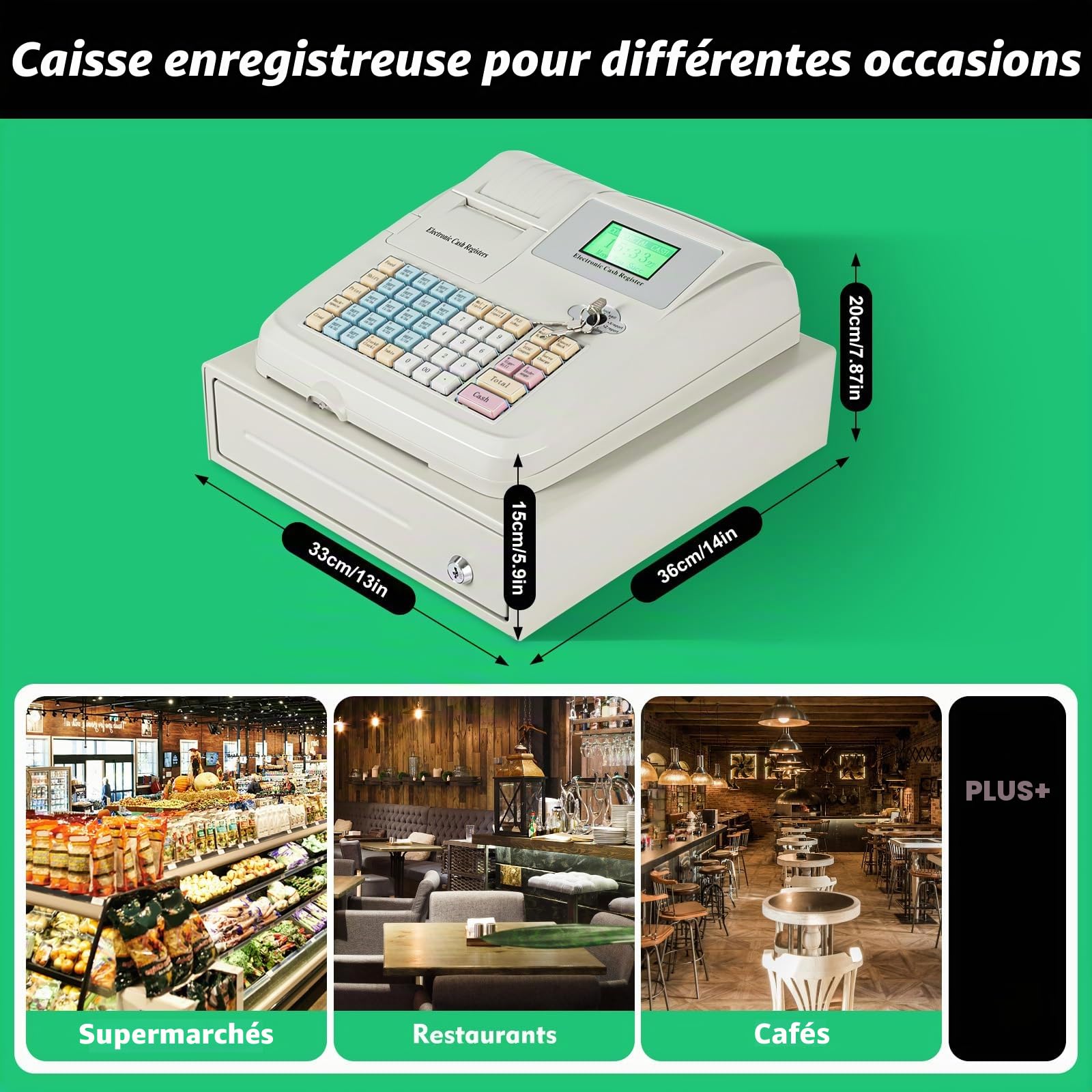 Caisse Enregistreuse Professionnelle, Caisse enregistreuse électronique, caisse enregistreuse à 48 touches avec tiroir, clavier plat et imprimante thermique, huit emplacements for pièces de monnaie et
