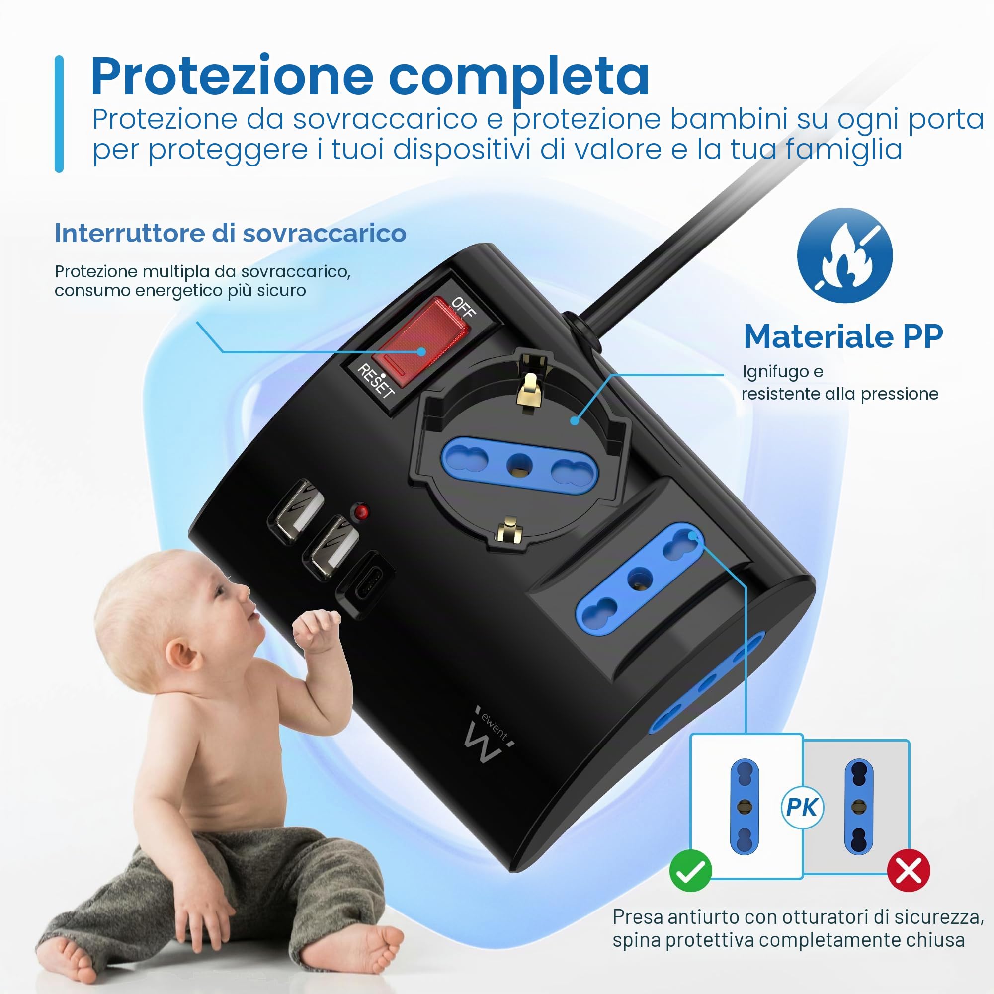 Ewent Multipresa da scrivania/tavolo con 3 Prese 10/16A e 2 porte USB-A e 1 porta USB-C, Interruttore ON/OFF, 3500W, Protezione da Sovraccarico,Spina IT10A e cavo da 2mt,Nera, 3 prese (2ITA/Schuko)