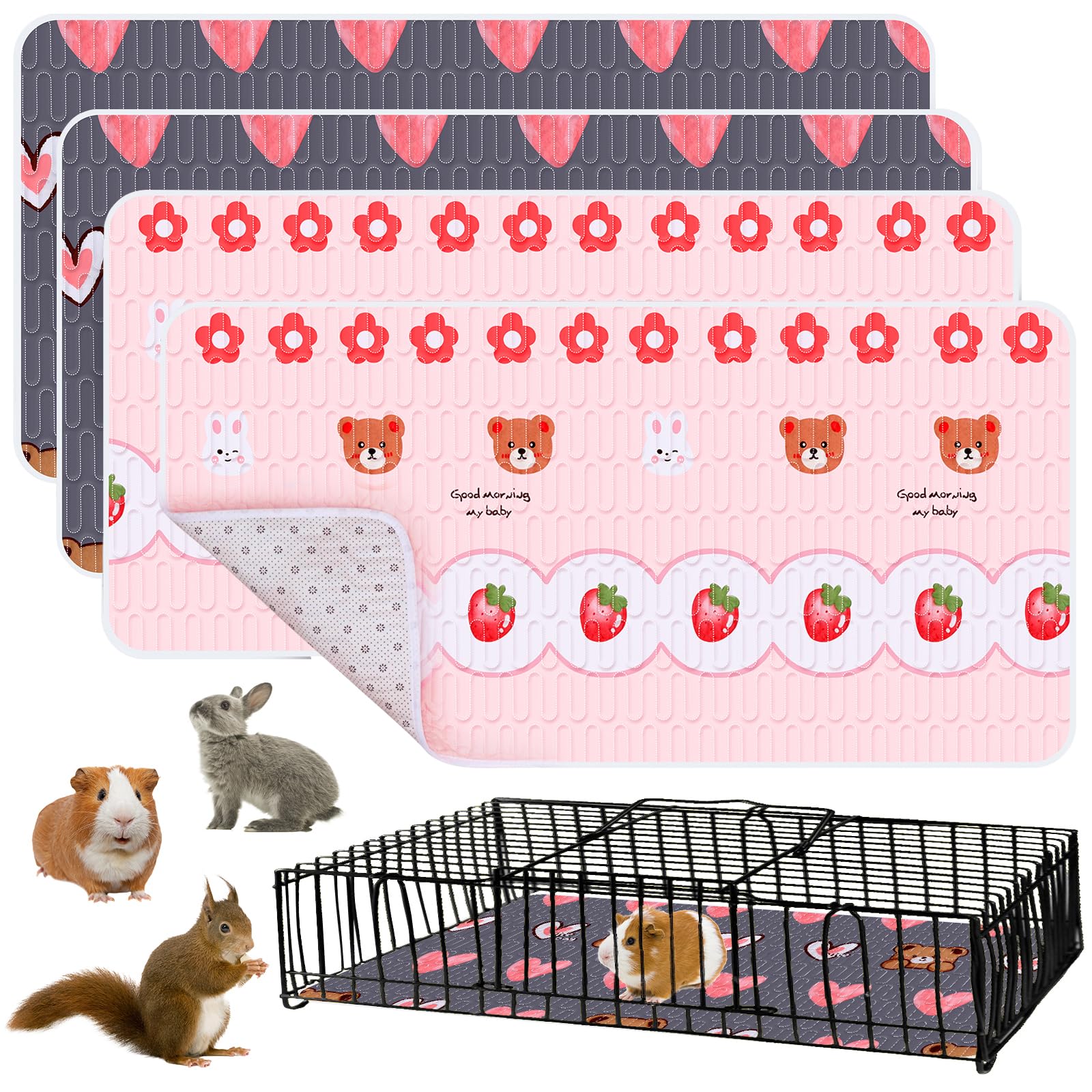 4 Pcs Guinea Pig Cage Liner, Washable Guinea Pig Bedding, Rabbit Bedding Waterproof Guinea Pig Pee Pads, Absorbent Guinea Pig Bedding for Small Animals Hamster Rabbit Squirrel Cage (Bear 47“)