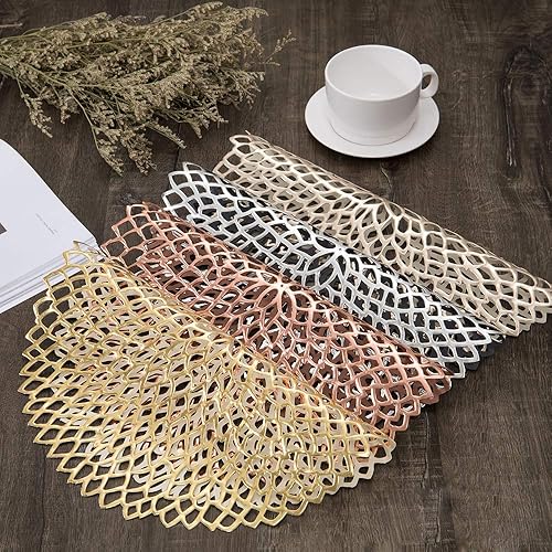 Miniatura 7 de Paquete de 10 manteles individuales huecos metálicos de vinilo prensadocargadorcentro de mesa de boda redondos, manteles individuales de vinilo