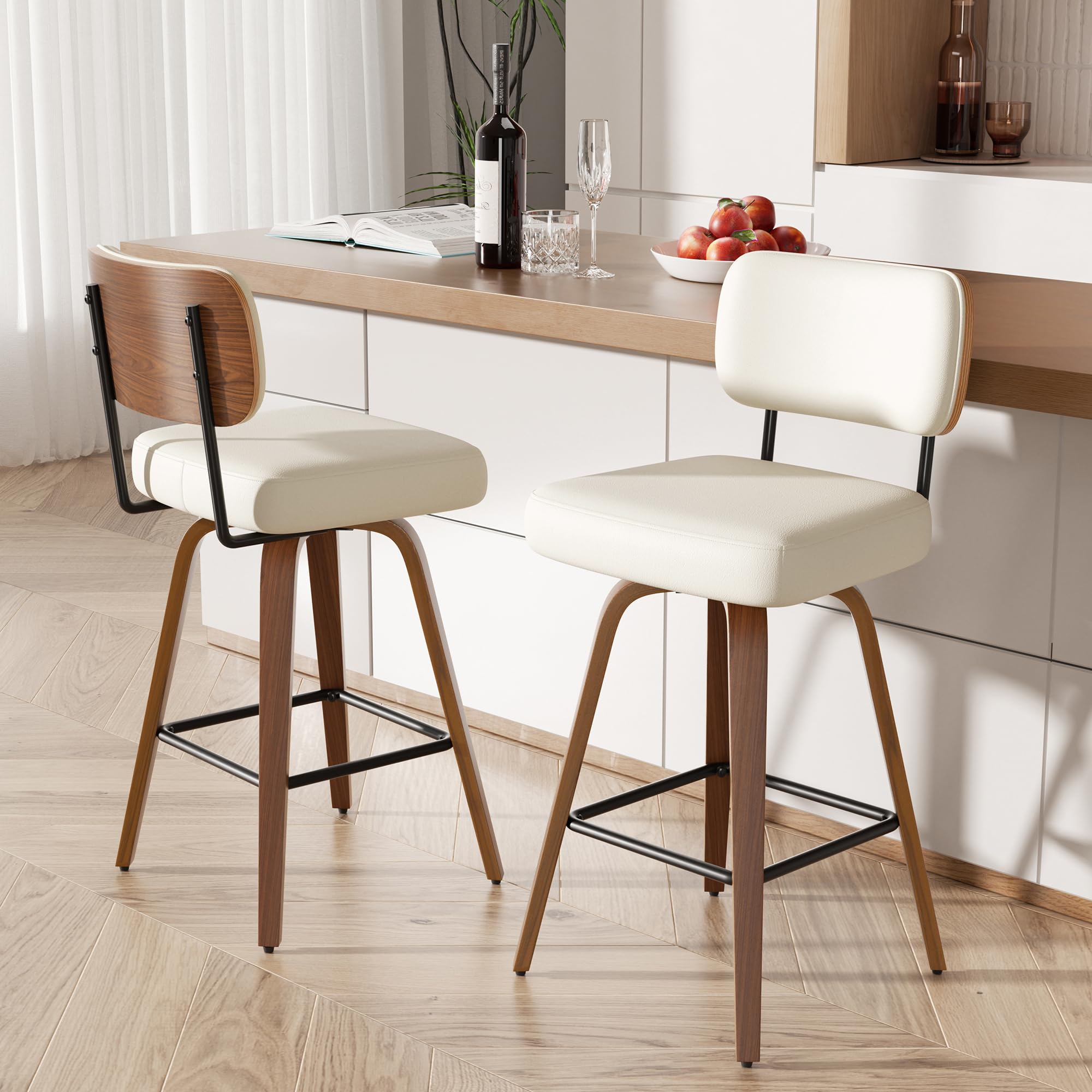 360°Drehbarer Barhocker 2er Set, PU Barhocker 65cm Sitzhöhe mit Holzbeinen, Mid-Century-Design Bar hocker mit 4 Beinen und Lehne, Barstühle Küchenhocker für Küche und Bar,Weiß