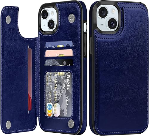 Funda de piel tipo cartera con tarjetero y función atril para iPhone 15 Plus, cierre magnético, a prueba de golpes, resistente, funda protectora