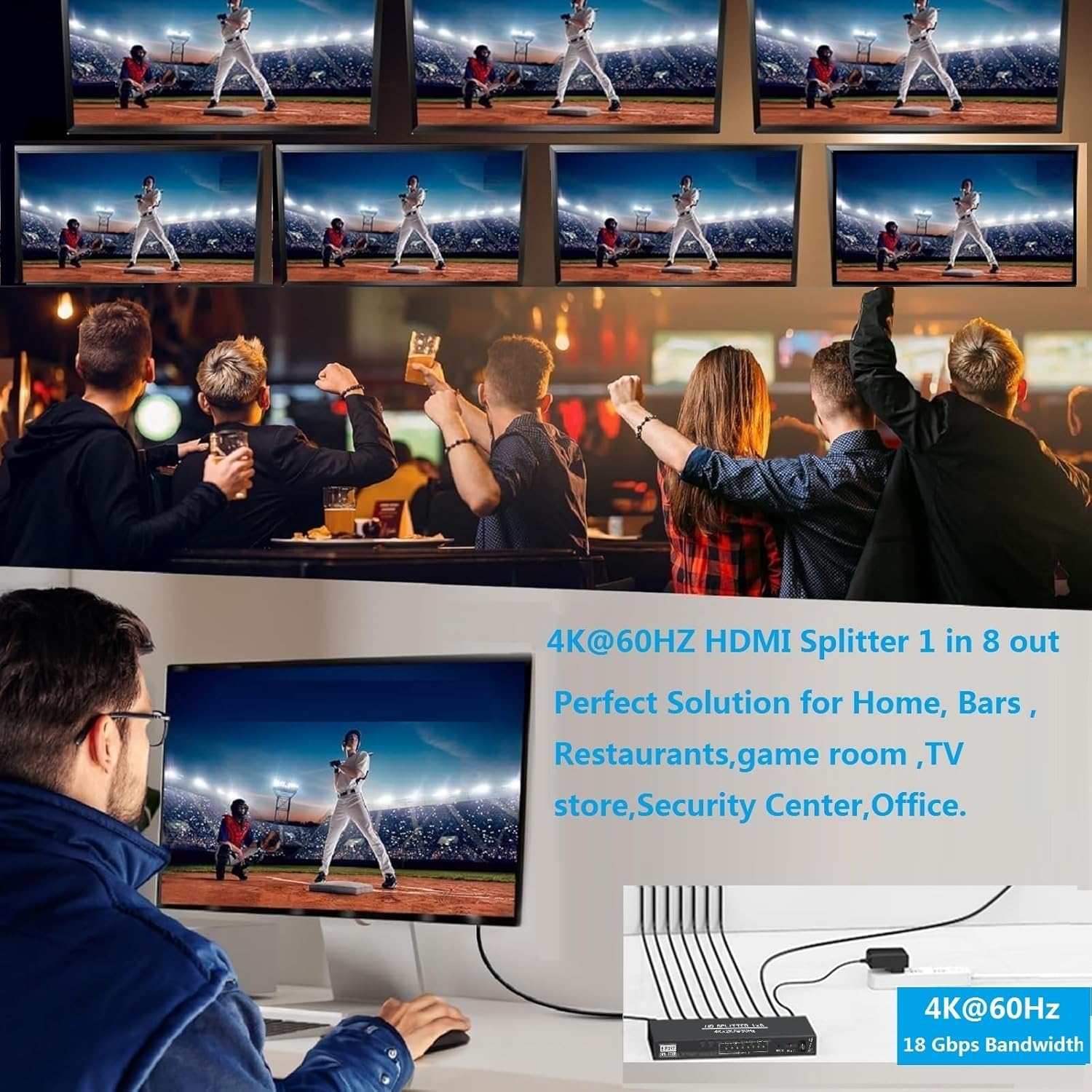 4K@60Hz 1x8 HDMI Splitter 1 in 8 Out,4:4:4,18 Gbps,8 Port Powered HDMI 2.0 Splitter Support Auto Down Scaler, 4K 1080P Sync, HDR10,3D, Only Duplication/Mirror Screens (Not Extend) for PS5/Xbox/HDTV