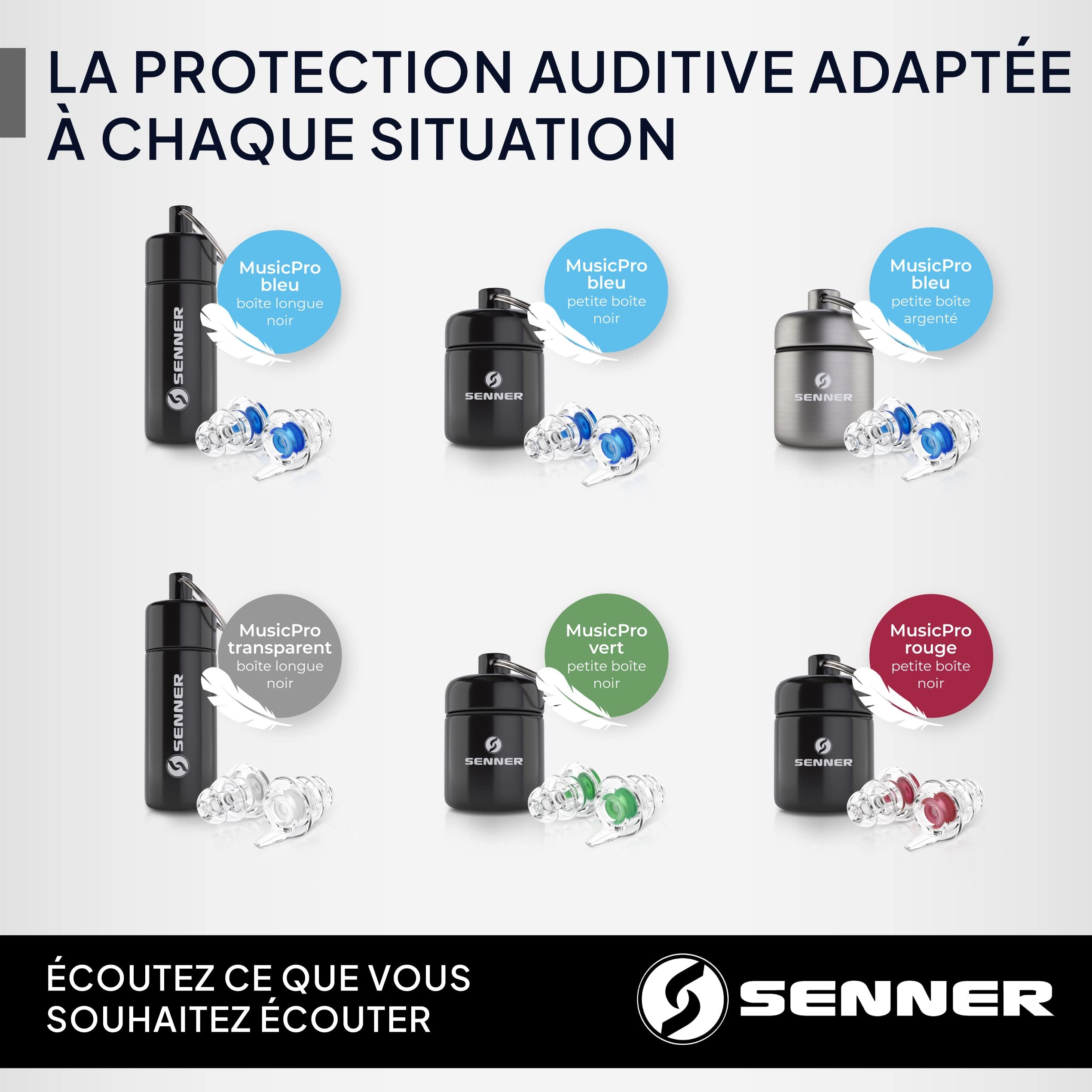 Senner Bouchons d’oreille MusicPro avec étui en aluminium Idéal pour les discothèques, pour écouter de la musique, pour les concerts et les festivals, transparent