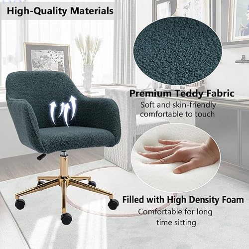 Miniatura 36 de Silla moderna de peluche para oficina en casa, bonita silla de escritorio tapizada con patas de metal dorado, silla giratoria ajustable con ruedas,