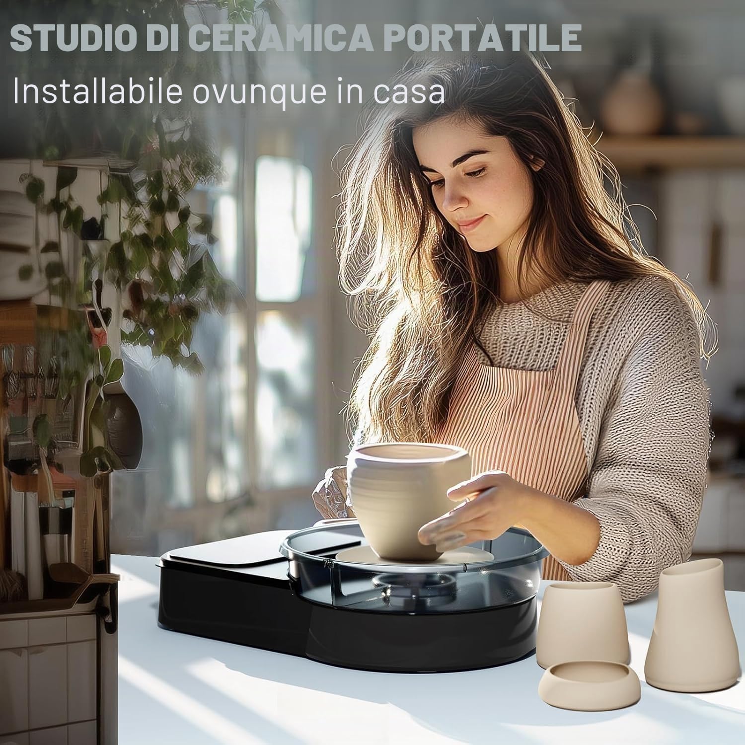 Tornio per Ceramica Elettrico per Principianti e Professionisti – Kit Ceramica Completo per Casa con 1kg di Argilla, 0-200 RPM e Accessori, Macchina Professionale per Progetti Fai da Te