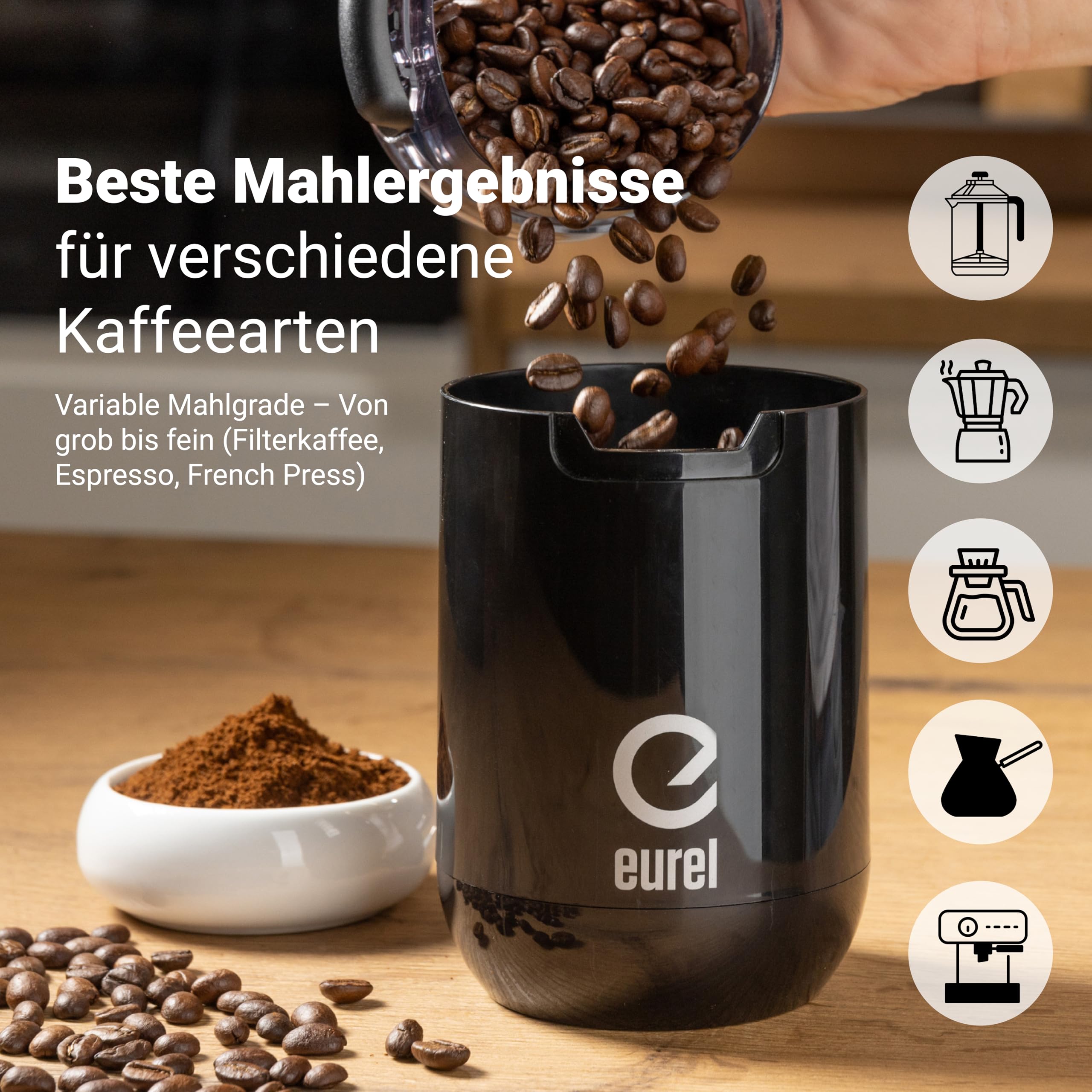 EUREL KMA Elektrische Kaffeemühle Schwarz – Coffee Grinder mit Edelstahl Mahlbehälter & Messer, Variable Mahlgrade, Kompaktes Design – 45g Kapazität