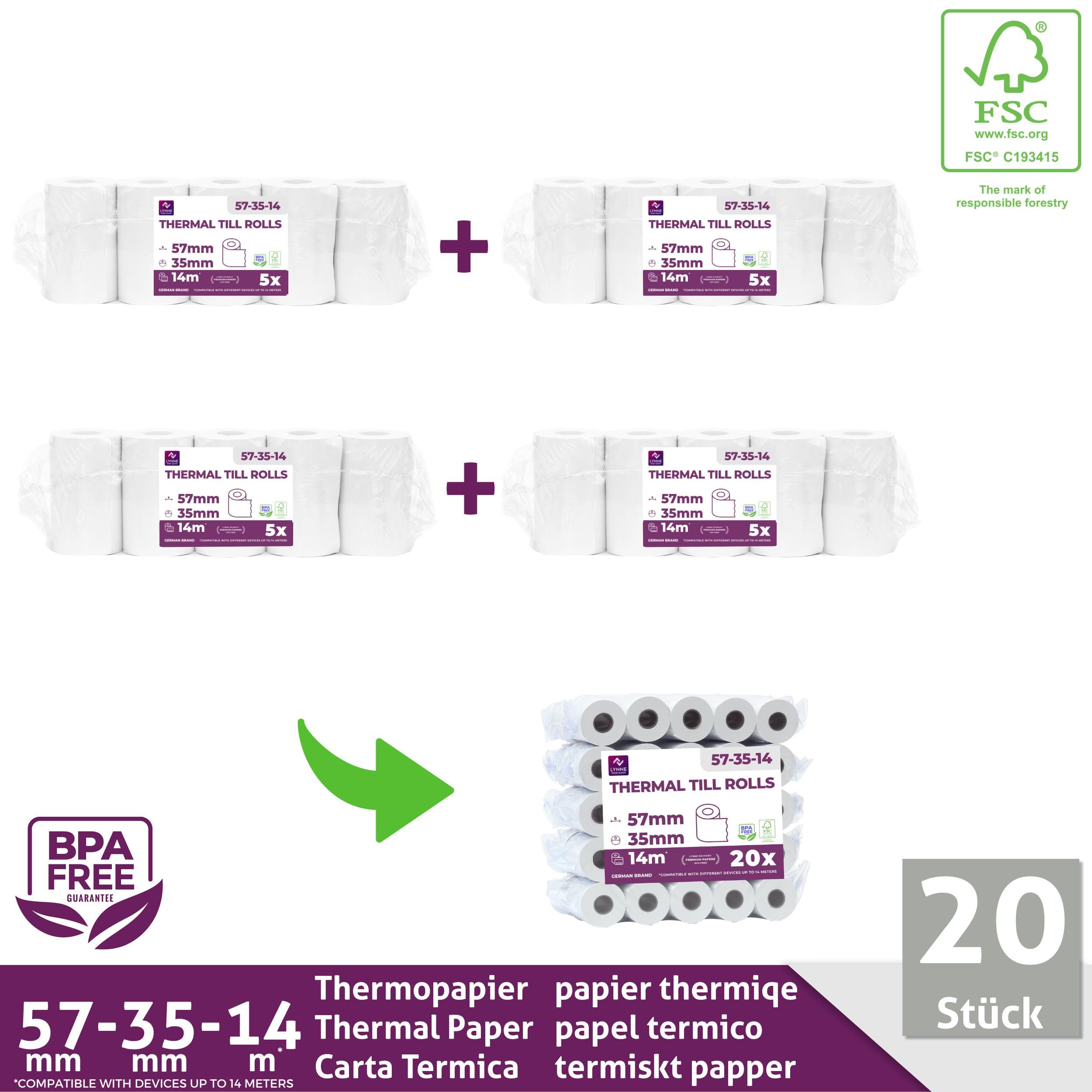 LYNNE - Rollos Papel Datafono Térmico 57x35x12mm para todos los TPV y las impresora térmica - Rollo papel térmico 57mm x 35mm x 14m - Ideal para máquinas de tarjetas de Crédito - Papel TPV [20x]