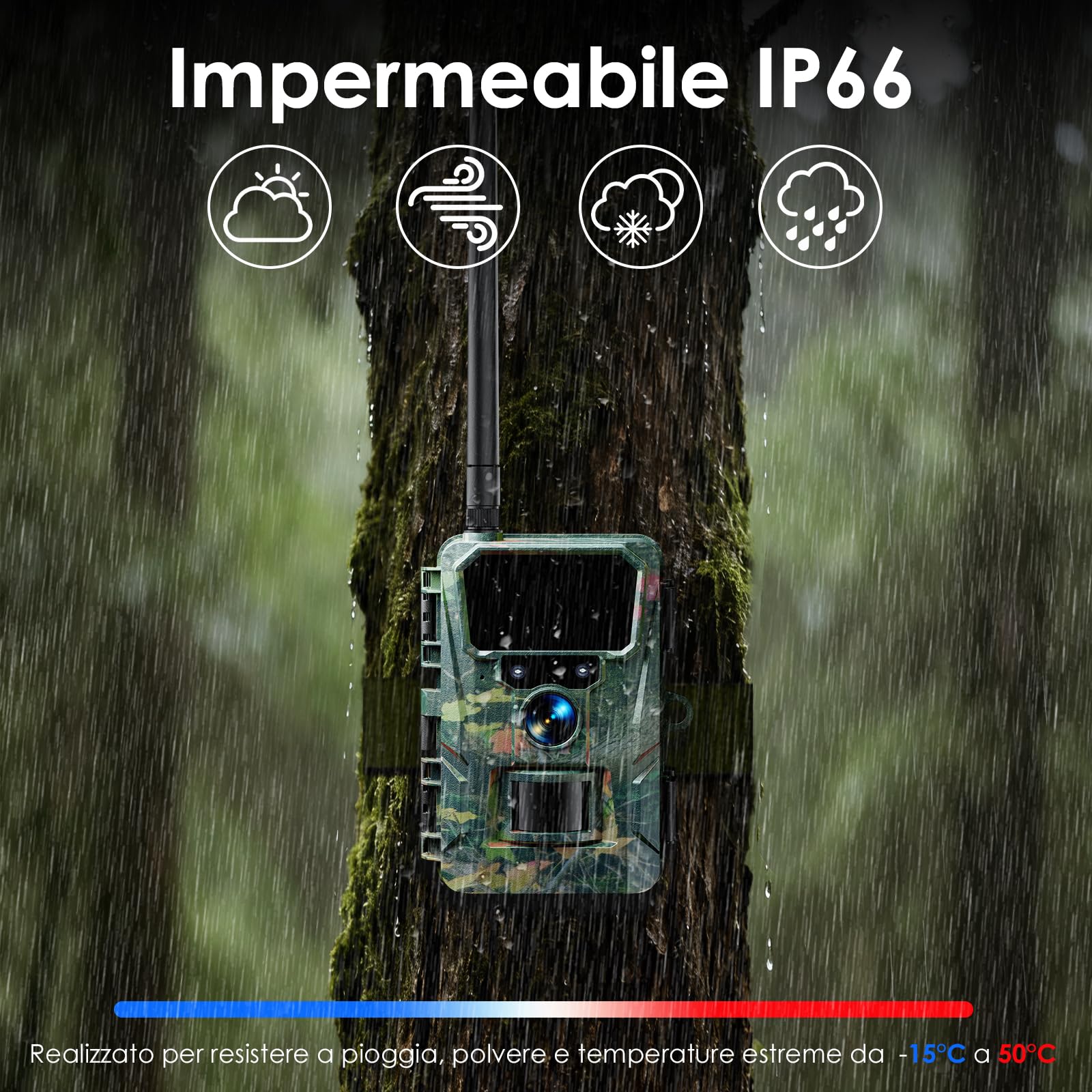 WOLFANG Fototrappola 4G con SIM, 2K 48MP HD Fotocamera Caccia con Infrarossi Rilevatore di Movimento Visione Notturna IP66 Impermeabile per la l'osservazione la Fauna