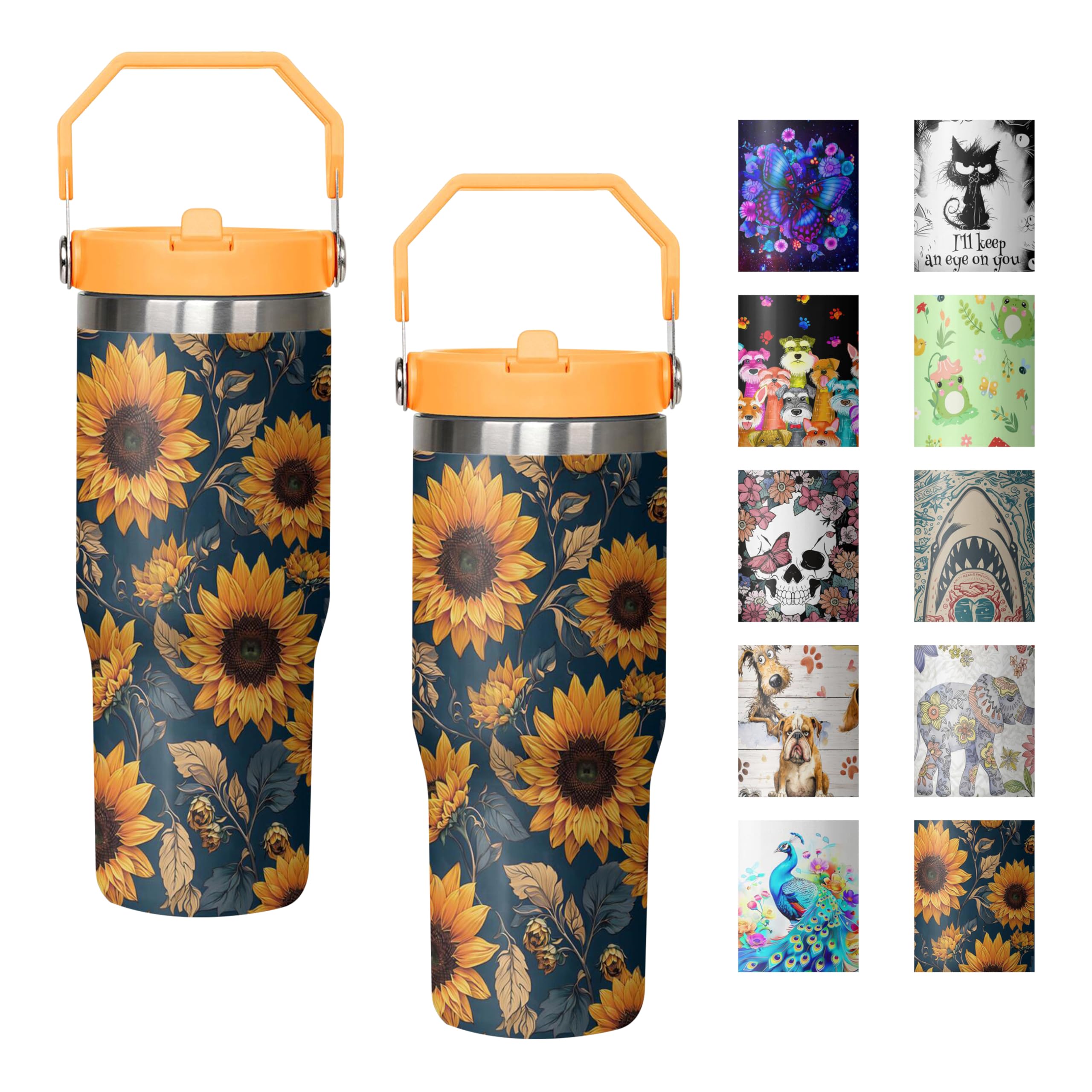 mvhsuoem 30 oz Sunflower Orange Flip Straw Tumbler with Top Handle for Sunflower Orange Lover Resuable Vacuum Insulated Flip Top Water bottle for Home