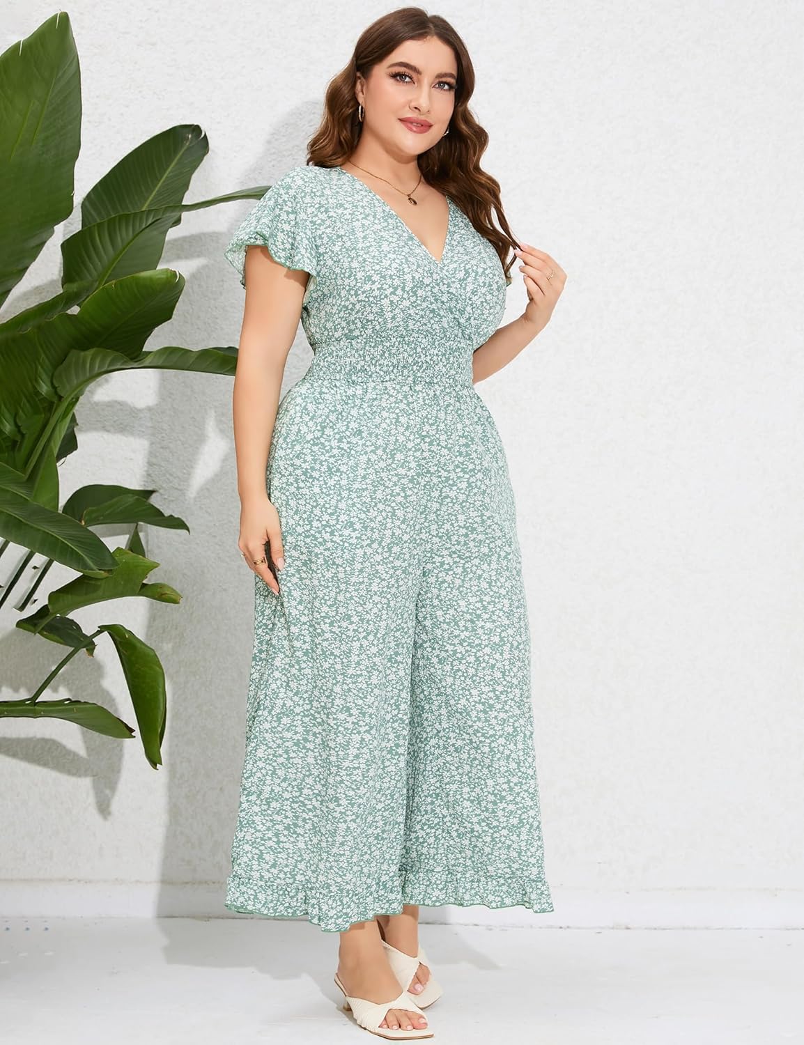 ShopWonder Plus Size Loose Jumpsuits for Women Summer Short Sleeve One Piece Outfit Elastic Waist Wide Leg Floral Jumpsuits - Image 5