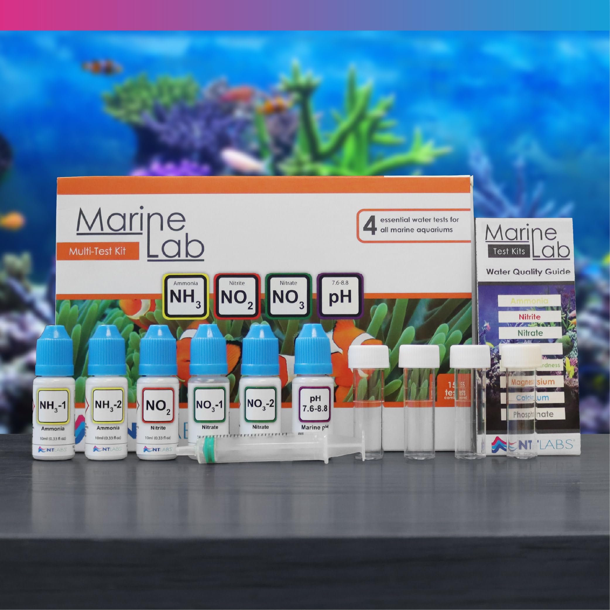 NT Labs Aquarium Lab Multi Test Kit – Test para Acuario Marino 4 en 1 (Amoníaco, Nitrito, Nitrato, pH) hasta 155 Test, Kit Líquido Alta Precisión