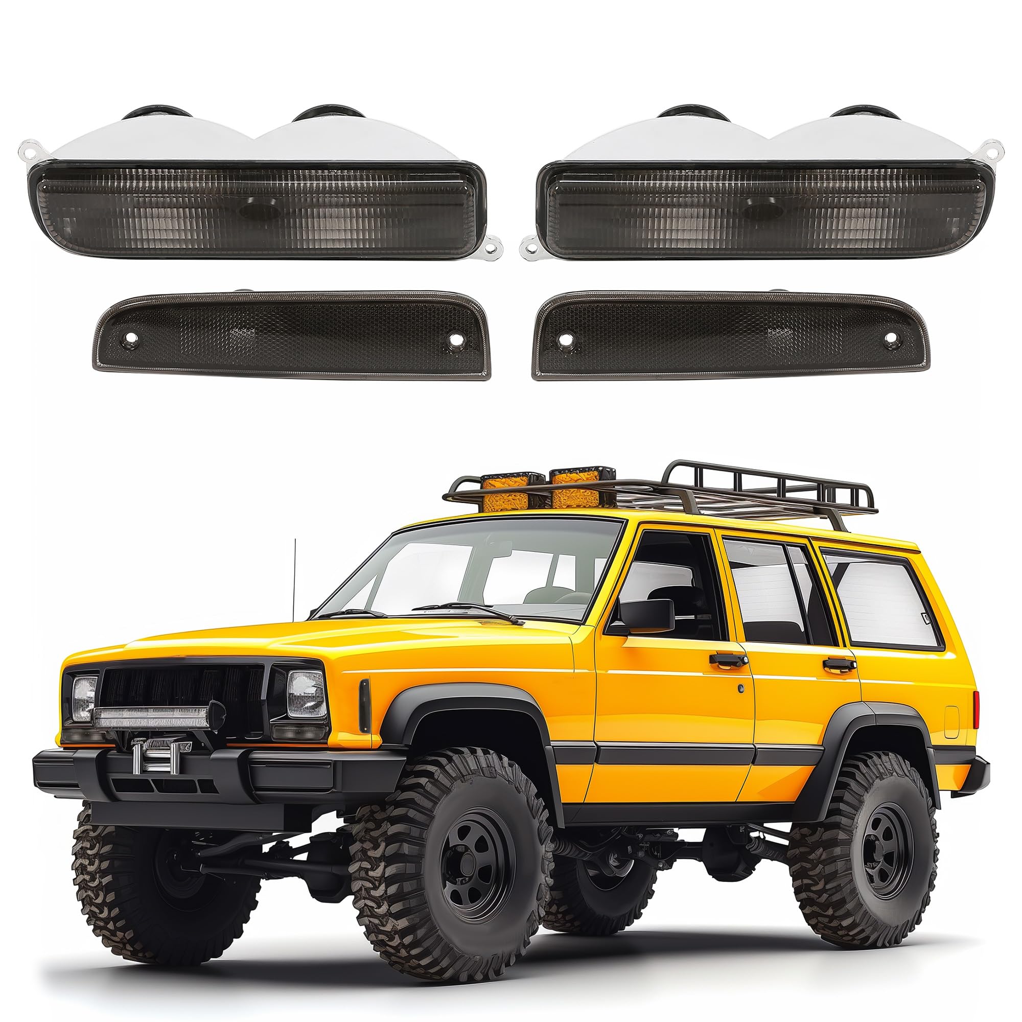 ECOTRIC Bumper Turn Signal Lights +Corner Side Marker Lamps Compatible with 1997-2001 Jeep Cherokee XJ Smoke Lens 4Pcs