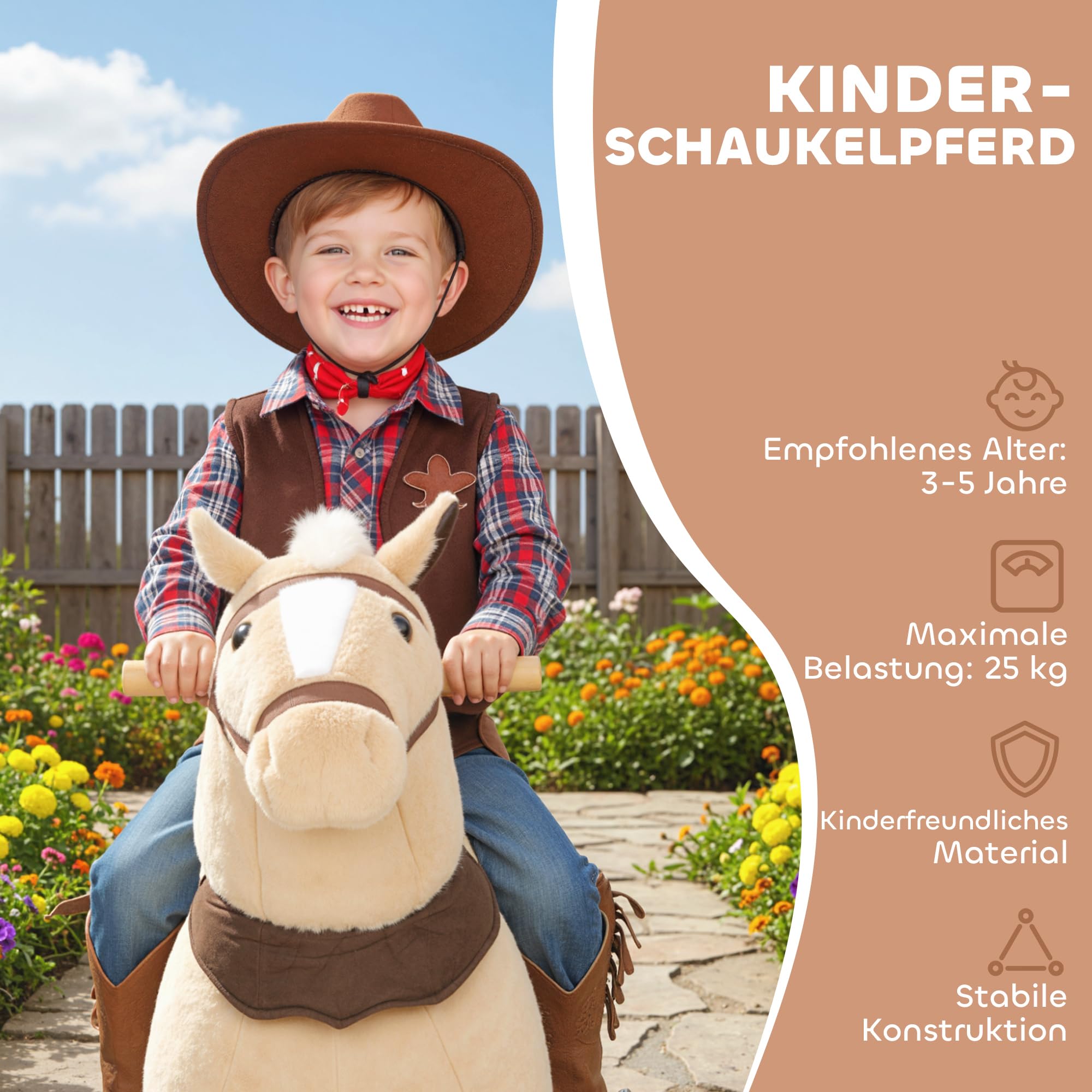AIYAPLAY Reitpferd, Spielpferd zum Reiten mit Sattel Rollen, 80 cm Stehpferd, Plüschpferd für Kinder 3-5 Jahre, bis 25 kg, Braun