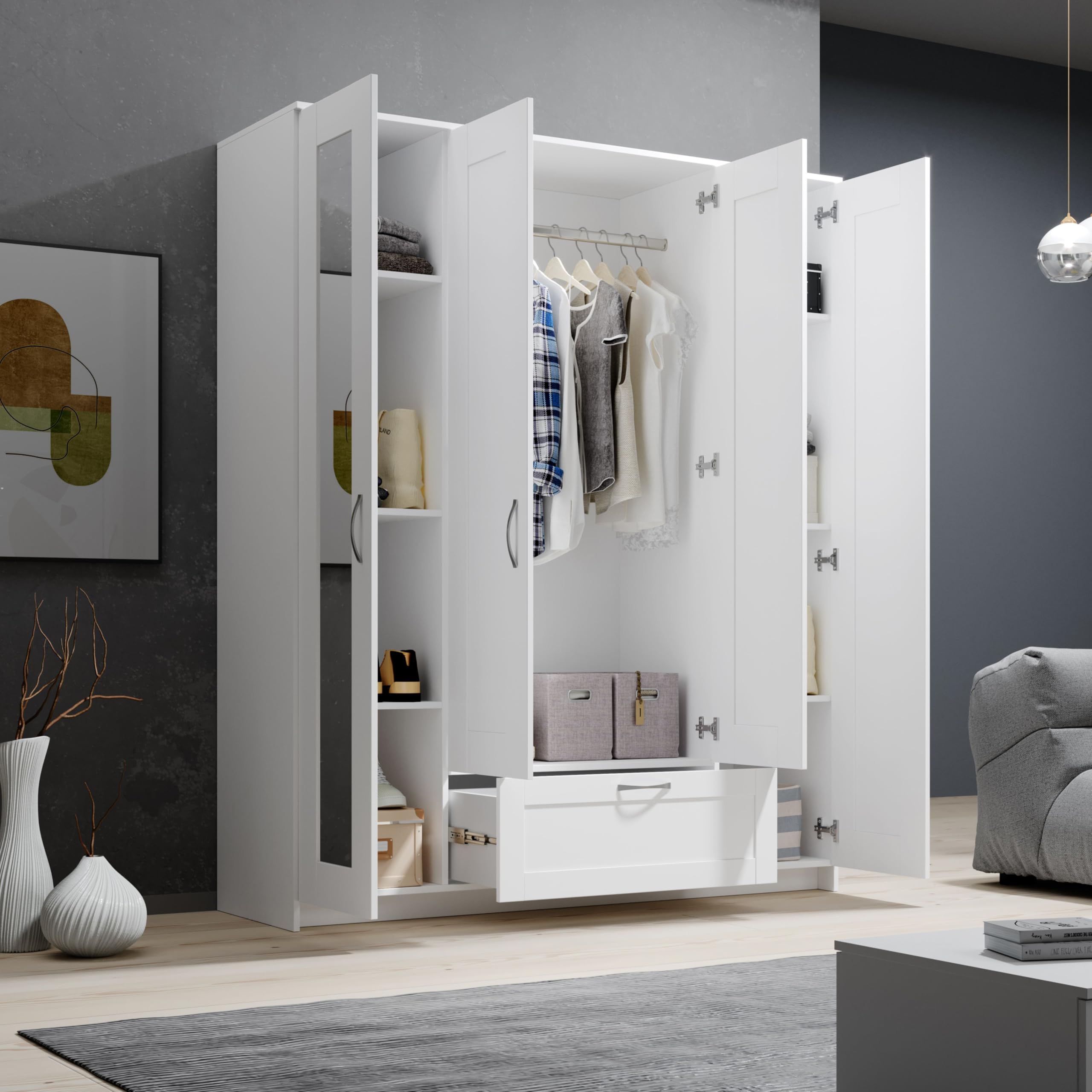 LEPINI Kleiderschrank Schrank Drehtürenschrank mit Spiegeltüren Weiß
