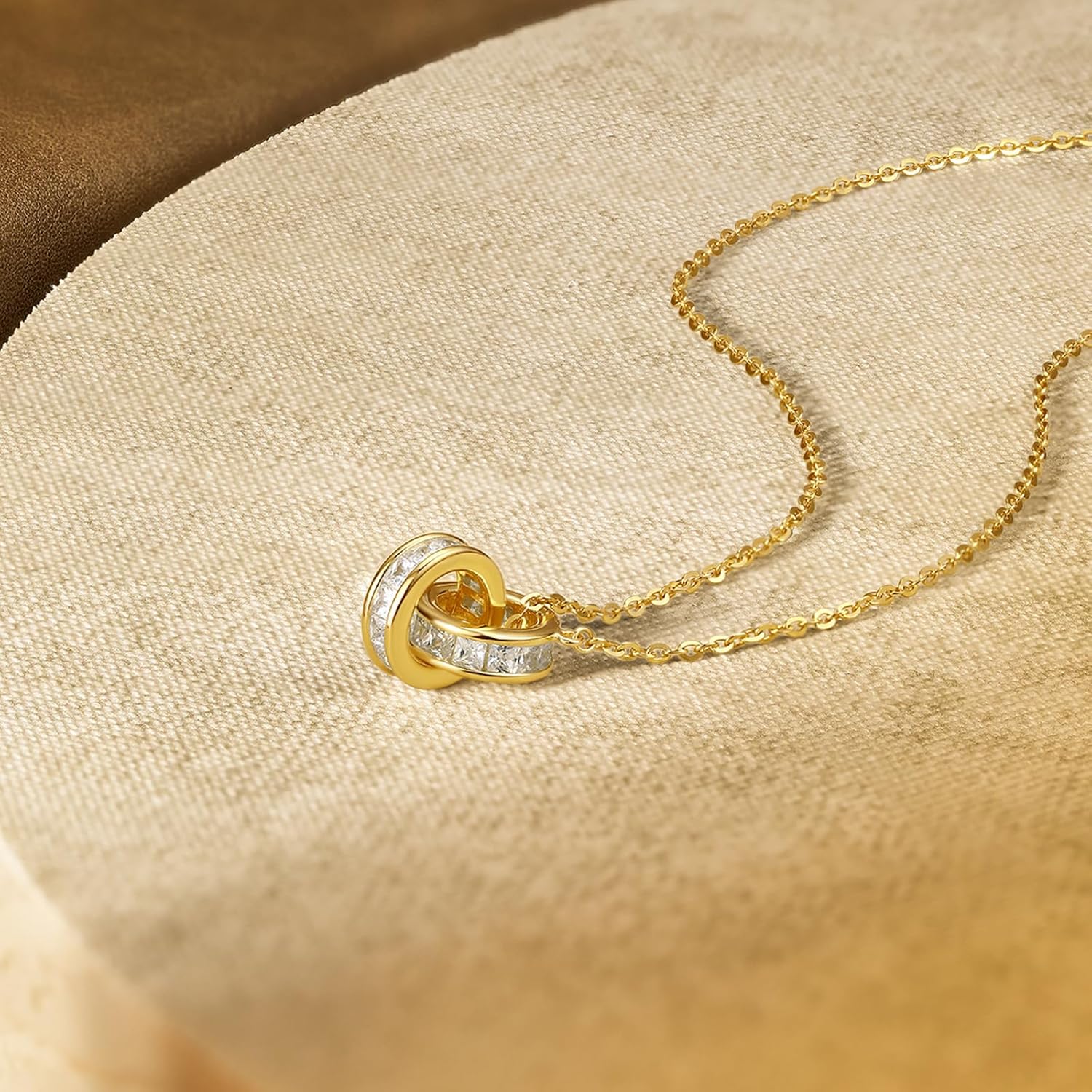 Pendant Necklaces for Women 18K Gold Plated Sterling Silver Interlocking Circle Cubic Zirconia Infinity Chain Necklace Jewelry Double Circle Dainty Gold Necklace Girlfriends Mom - Image 5