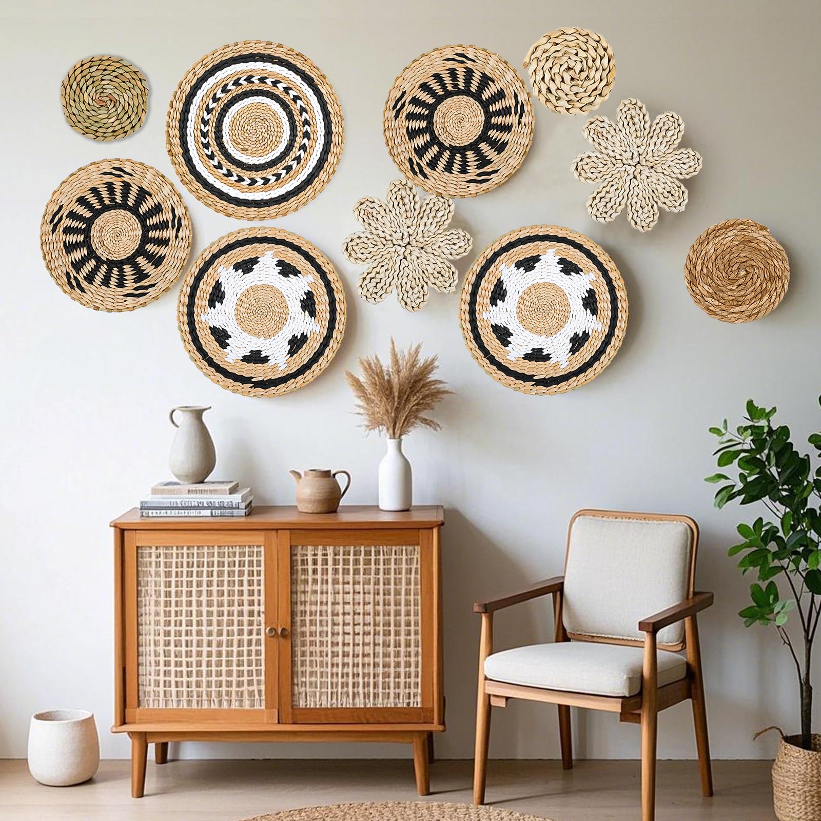 YIYA 10 Piezas Decoración de Cesta de Pared Pared de Cesta Bohemia Tejida a Mano Cestos Mimbre Decoración Pared pared Sala de Estar o Dormitorio