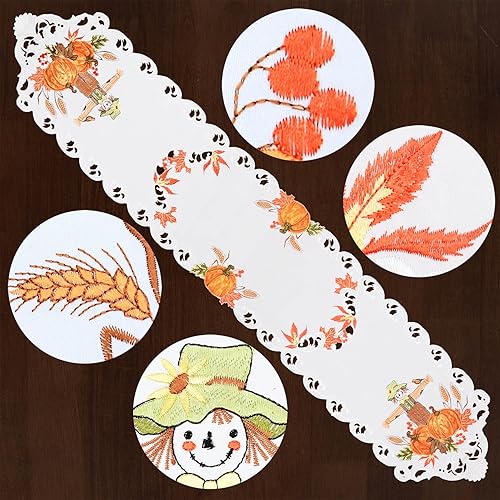 Miniatura 3 de Grelucgo Camino de mesa bordado de espantapájaros y calabazas para otoño, otoño y Acción de Gracias (13 x 69 pulgadas)