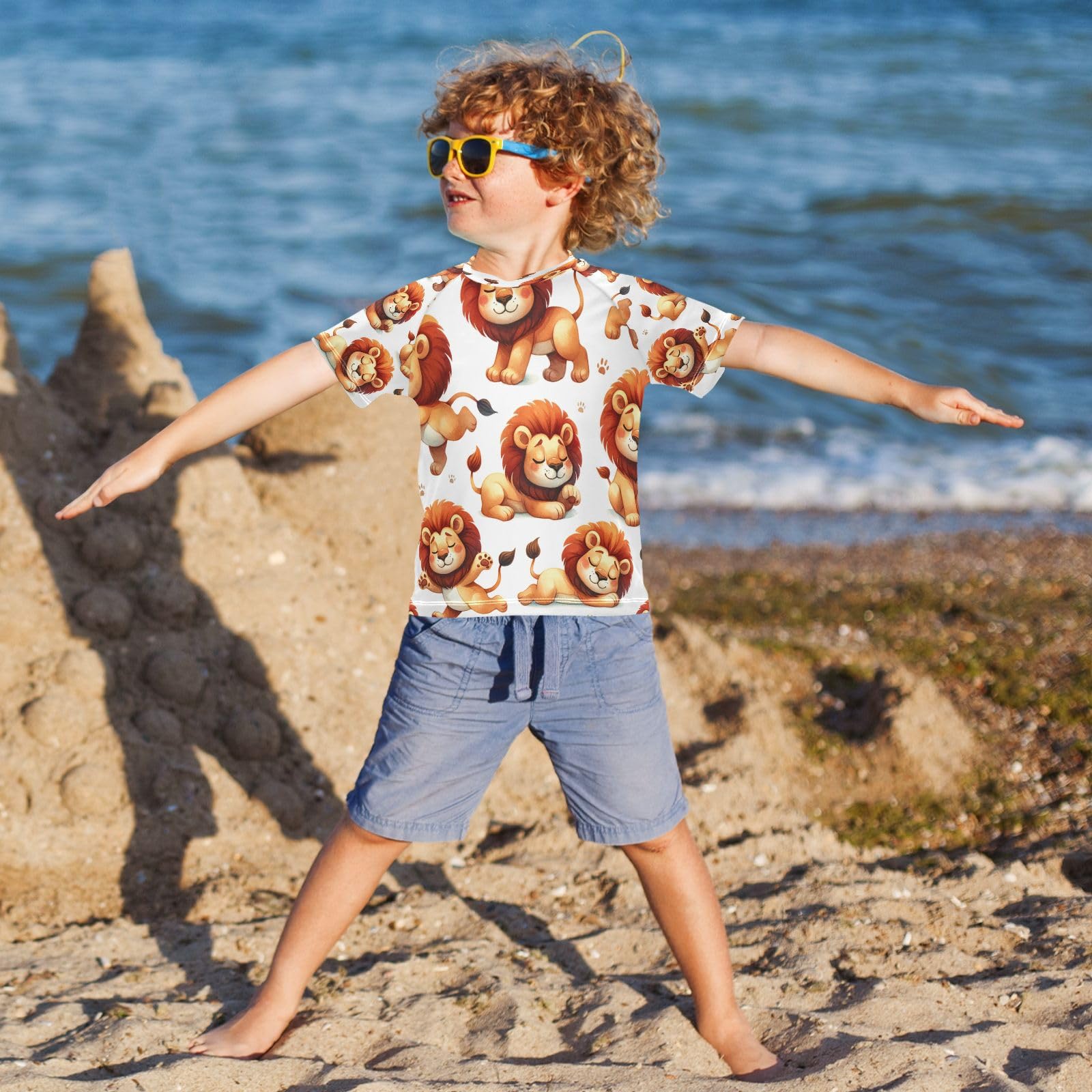 MNSRUU Toddler Boy Rash Guard Short Sleeve Swim Shirt Lion Print Rashguard 3T Beach Shirts Quick Dry,49