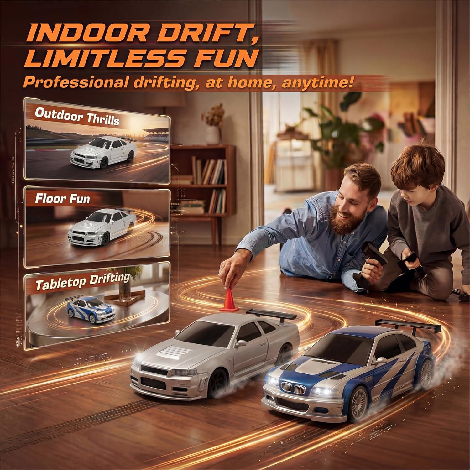 [4WD Edition 1/43 Scale Mini RC Drift Car, Toys for Age 8-14 Old Birthday Gifts, High Speed Racing Micro Small with Full Proportional RTR 2.4GHz Remote 2 Tire Sets 8 Cones - Blue