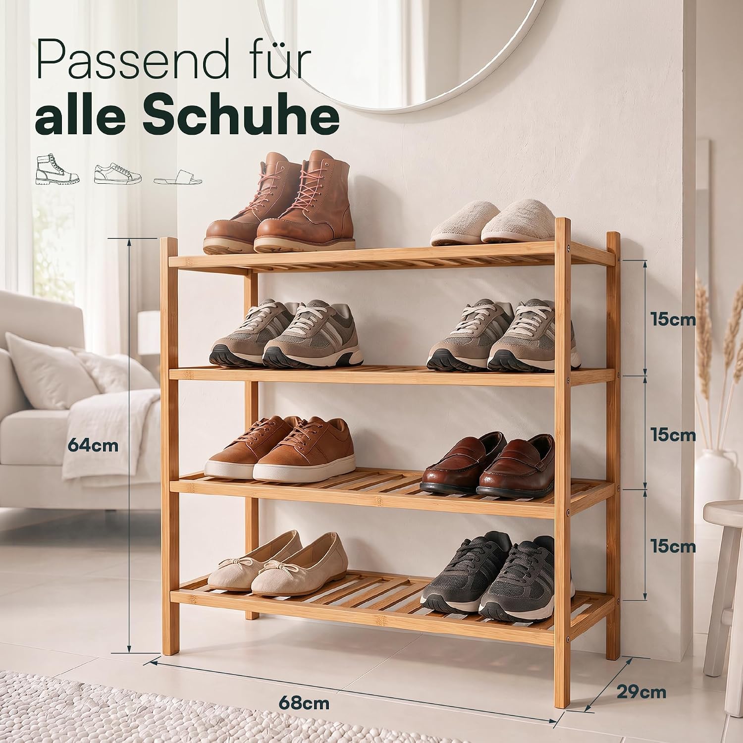 Bamboo Shoe Rack, Shoe Rack with 4 Levels, 68 x 28 x 64 cm, Expandable Stackable, Shoe Cabinet Wood, Shoe Rack, Shelf for Living Room or Hallway (Bamboo) image 2