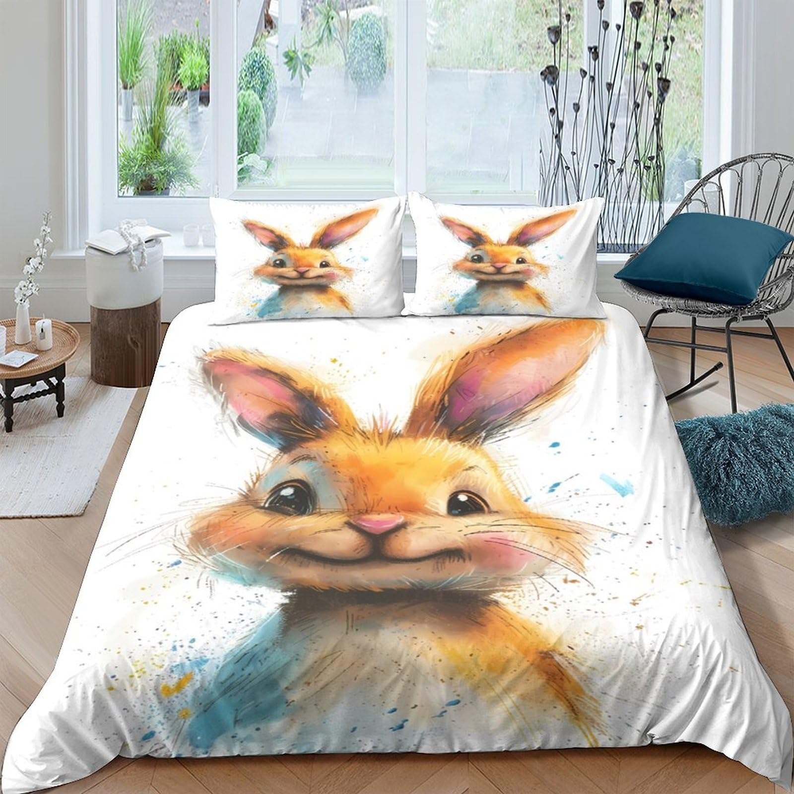 GPLZQXKJNH 3D Printed Watercolor Bunny Duvet Cover Microfiber Soft Breathable Rabbit Bedding Set with 2 Pillowcases for Bedroom Decor Single（135x200cm）