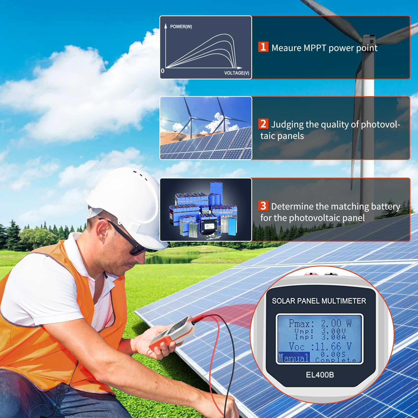 Geloo 400W Probador de Panel Solar Multímetro Fotovoltaico Panel MPPT de Mano Alimentador Automático Inteligente para la Búsqueda de Errores en Caso de Tensión sin Carga Fotovoltaicos y Solucionar