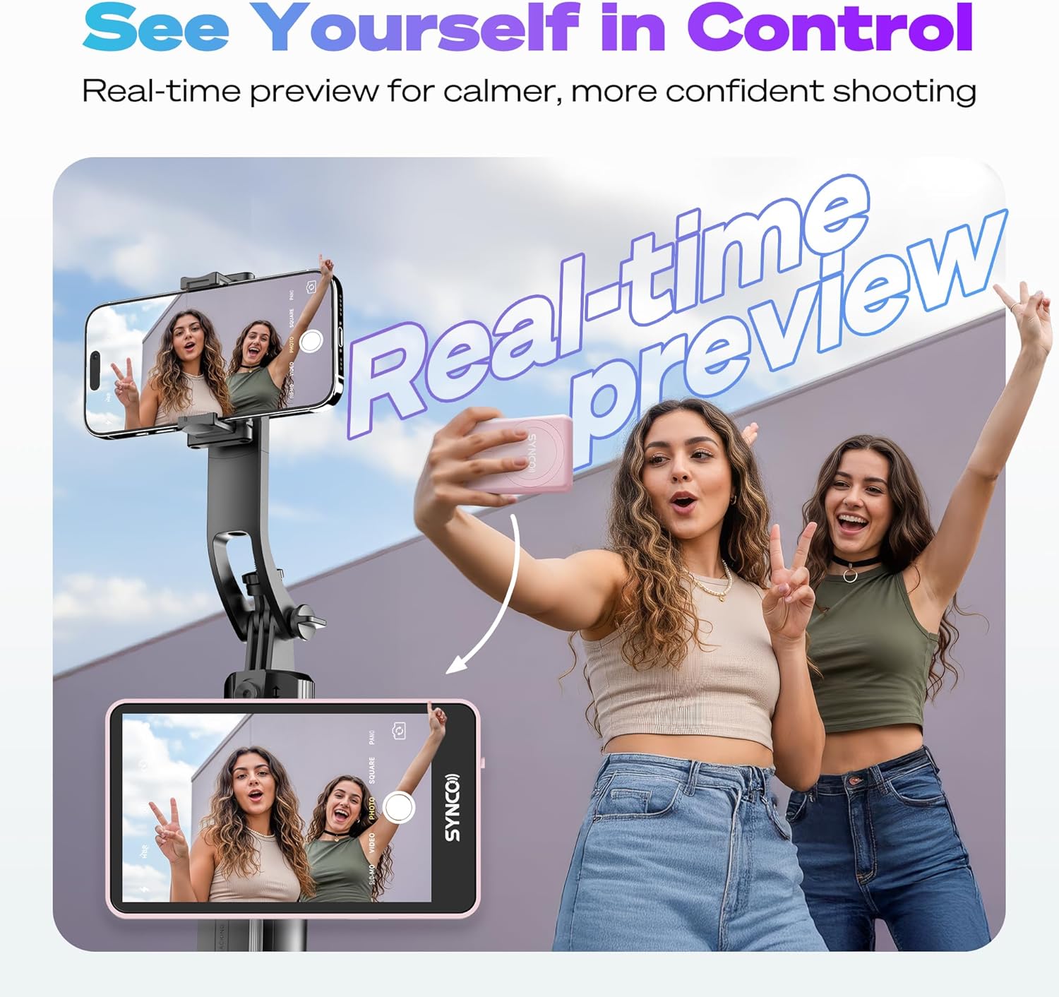 Synco XView Selfie Monitor Screen for iPhone 7-16 Series, Secure Private Wireless P2P, 4K/1080p Magnetic Back Camera Vlog Monitor with 164FT Range for YouTube TikTok (Pink)
