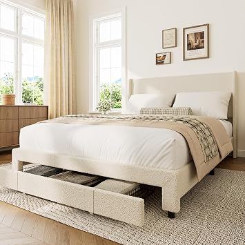 Bed Frame with Large Storage Drawer and Headboard, Upholstered Boucle Platform Bed, No Box Spring Needed Beige, King 200x150x106cm