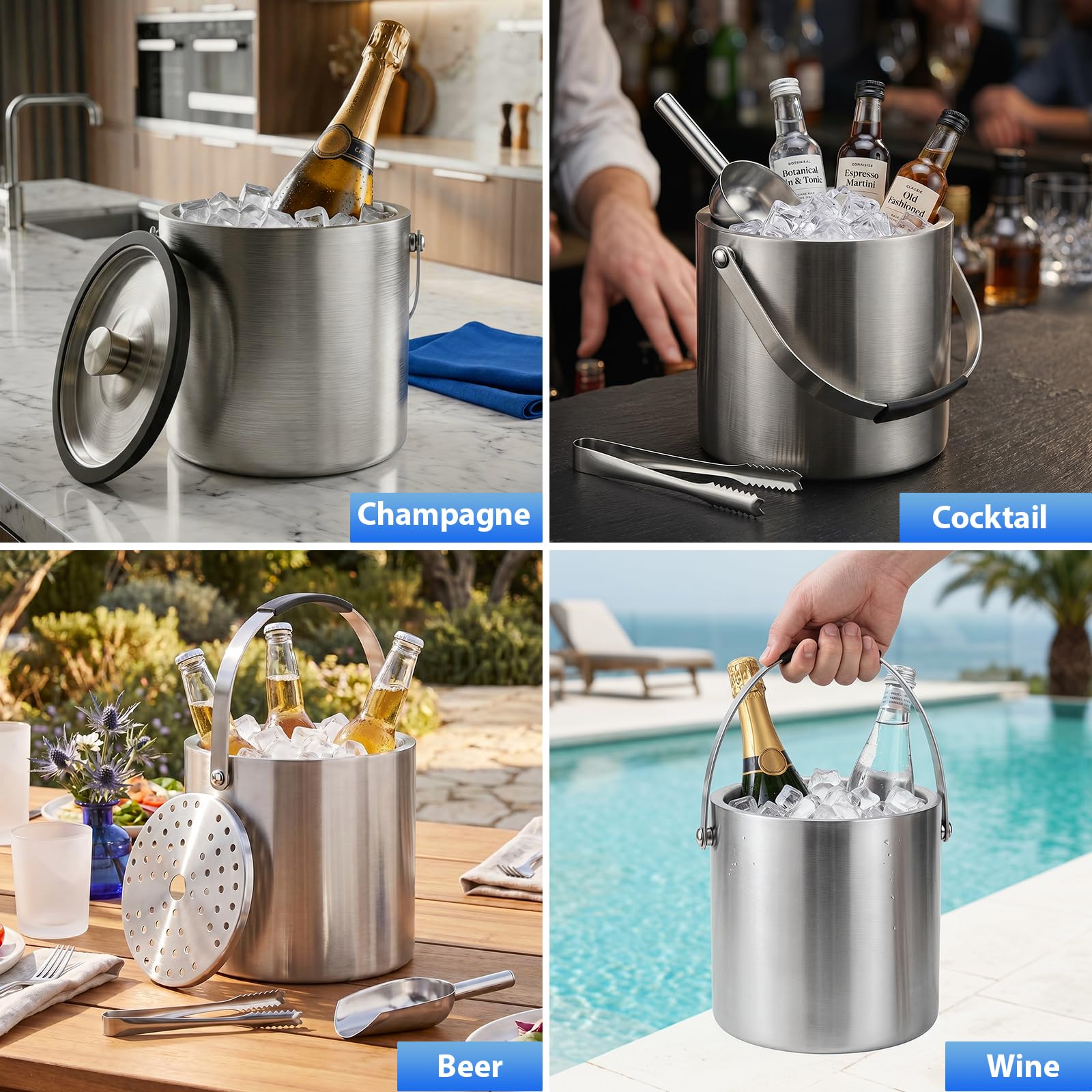 3L Cubitera de Acero Inoxidable, Cubo de Hielo con Tapa, Cuchara, Filtro y Clip Cubitera Aislado de Doble Pared Portátil Contenedores de Hielo para Fiestas, Restaurantes, Picnics, Vino